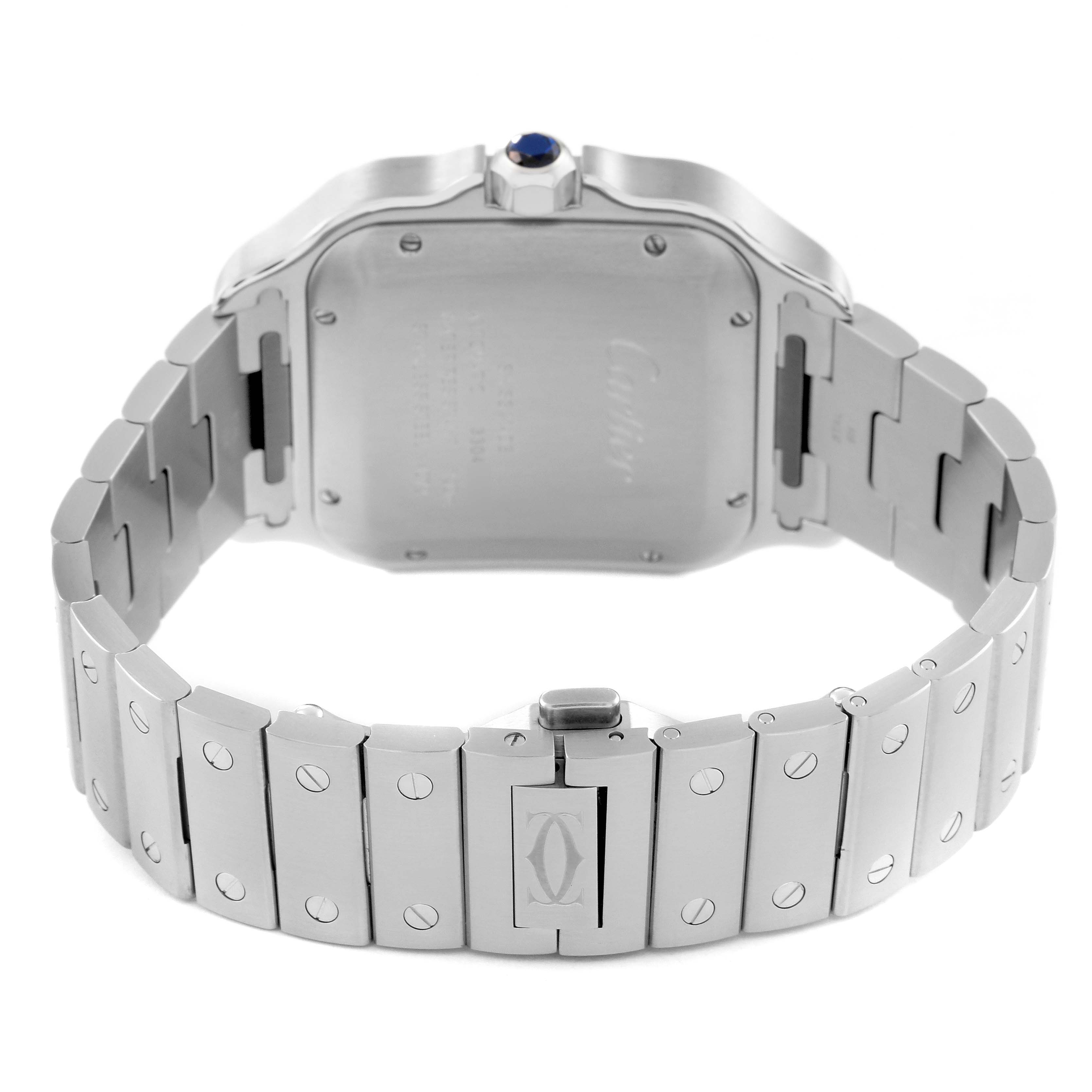 The image shows the back and bracelet of a Cartier Santos WSSA0018 Men
s Stainless Steel Silver Dial WSSA0018 Men
s Stainless Steel Silver Dial watch, highlighting its metal case and bracelet links.
