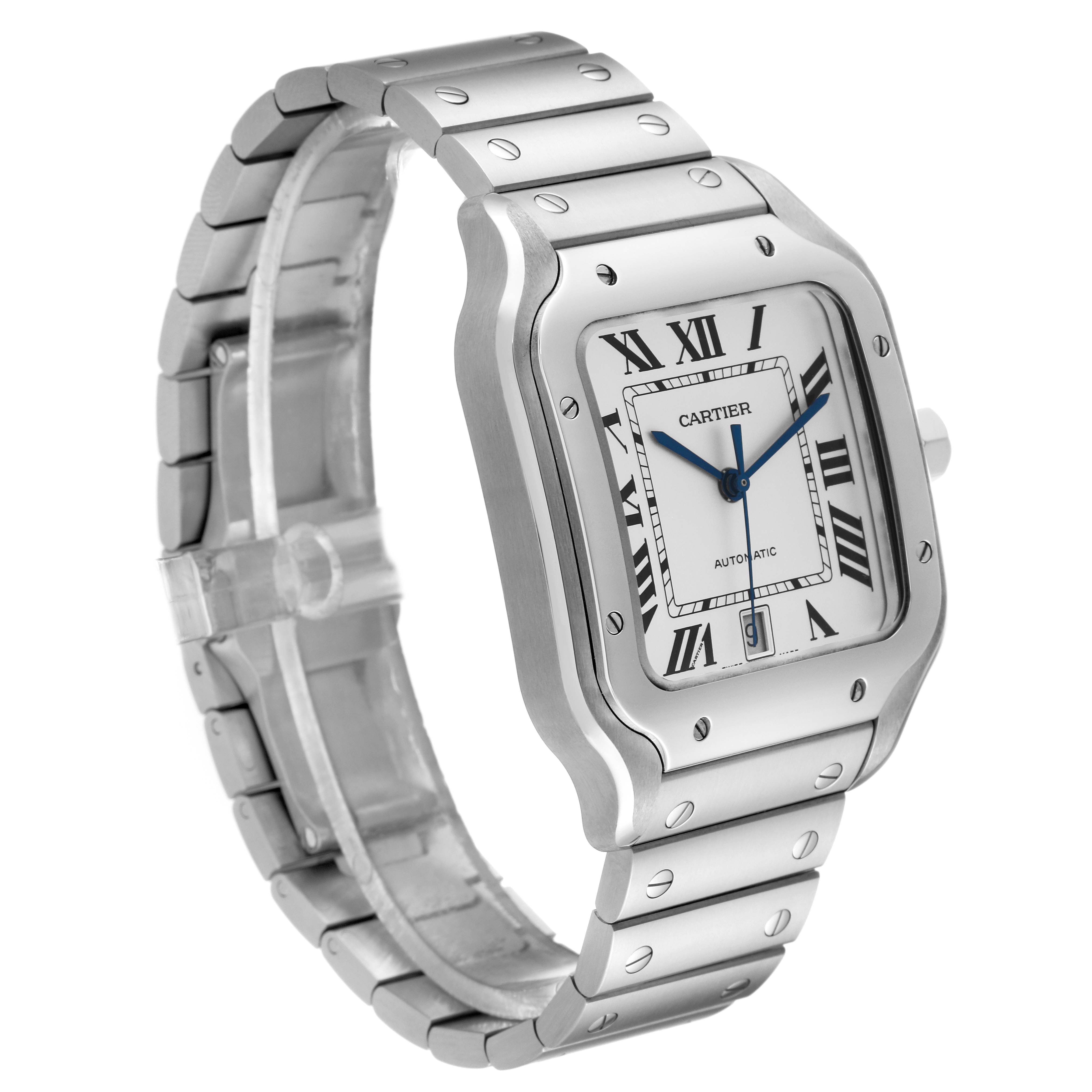 The Cartier Santos WSSA0018 Men
s Stainless Steel Silver Dial WSSA0018 Men
s Stainless Steel Silver Dial watch is shown at a slight angle, displaying the face, bezel, bracelet, and crown.