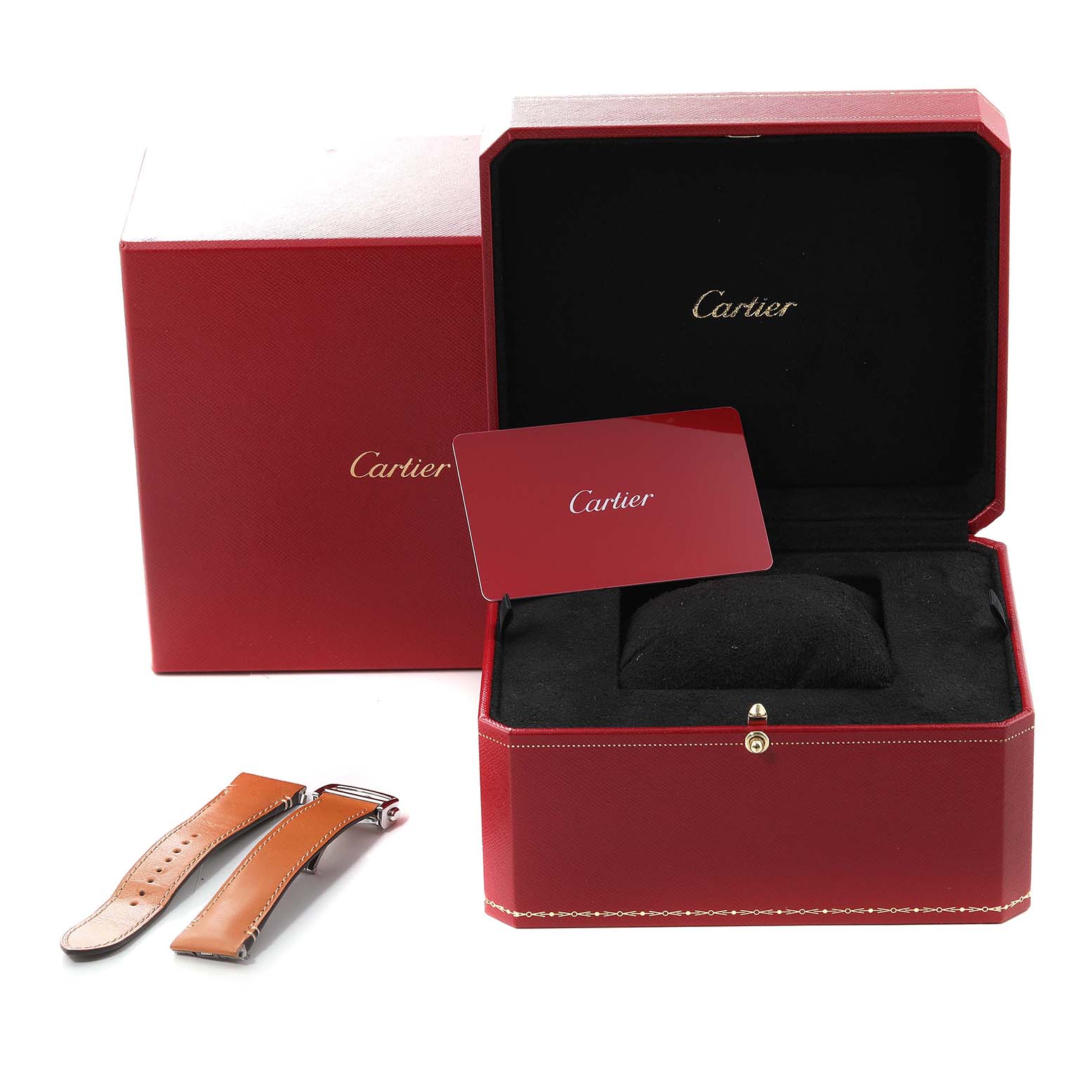 The image shows a Cartier Santos WSSA0018 Men
s Stainless Steel Silver Dial WSSA0018 Men
s Stainless Steel Silver Dial watch box, a Cartier card, and an additional brown leather strap.