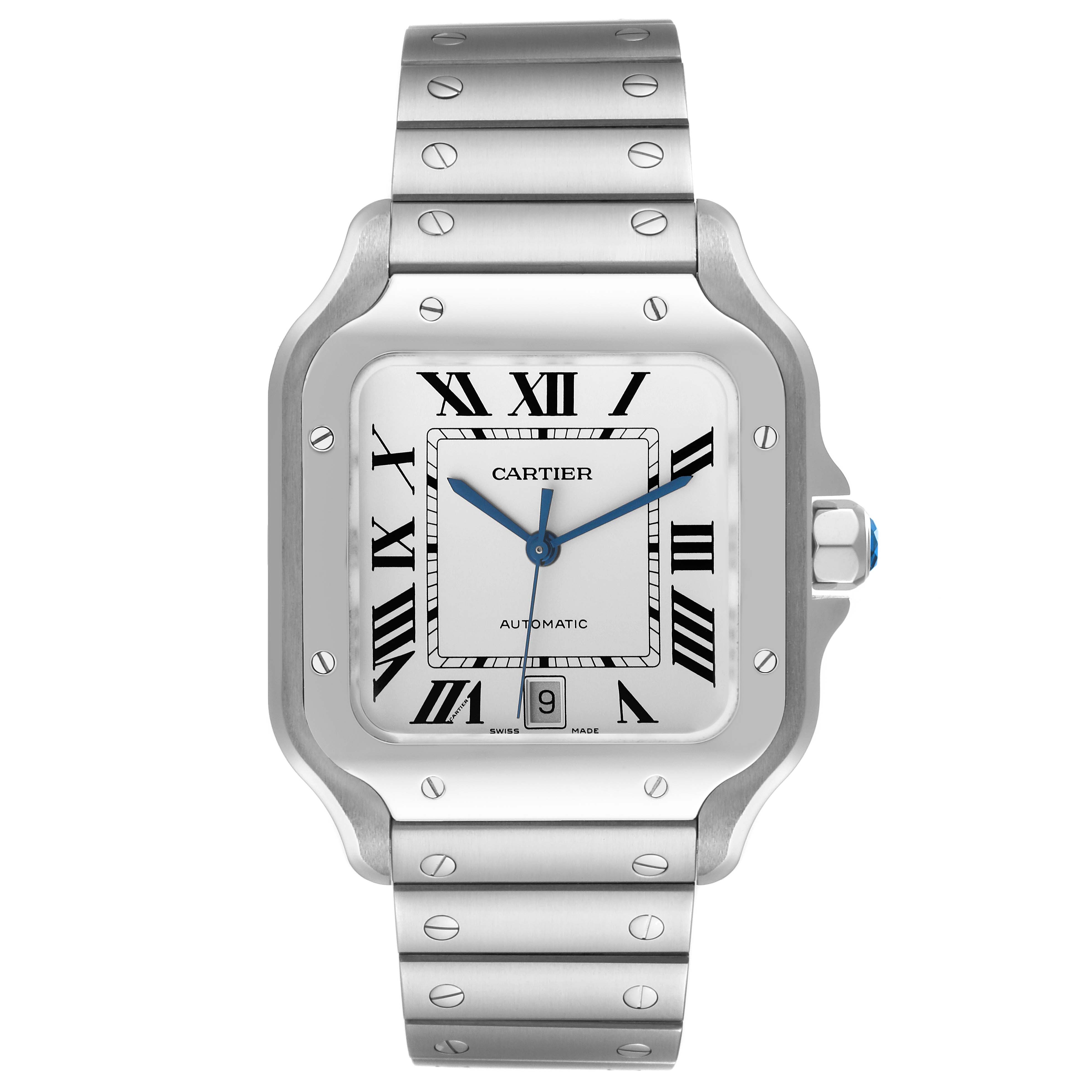 The image shows a front view of the Cartier Santos WSSA0018 Men
s Stainless Steel Silver Dial WSSA0018 Men
s Stainless Steel Silver Dial watch, displaying its dial, bezel, crown, and bracelet.