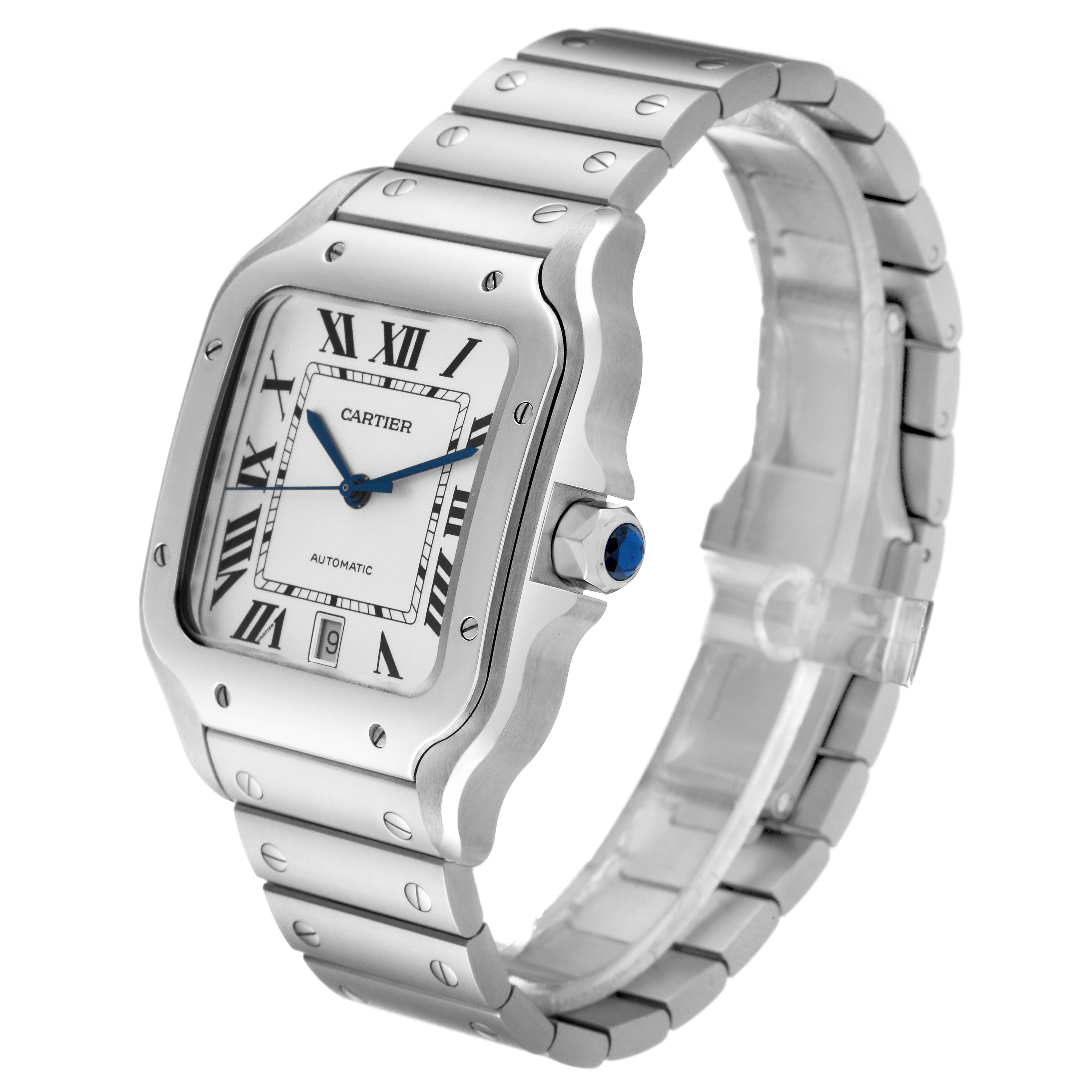 The image shows a Cartier Santos WSSA0018 Men
s Stainless Steel Silver Dial WSSA0018 Men
s Stainless Steel Silver Dial watch at an oblique angle highlighting its face, bezel, crown, and metal bracelet.