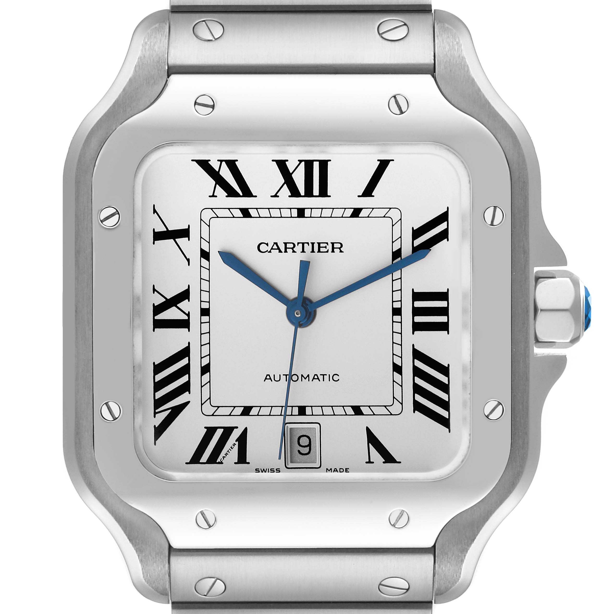 This is a close-up of the face of a Cartier Santos WSSA0018 Men
s Stainless Steel Silver Dial WSSA0018 Men
s Stainless Steel Silver Dial watch, showing the dial, hands, date window, and part of the bracelet.