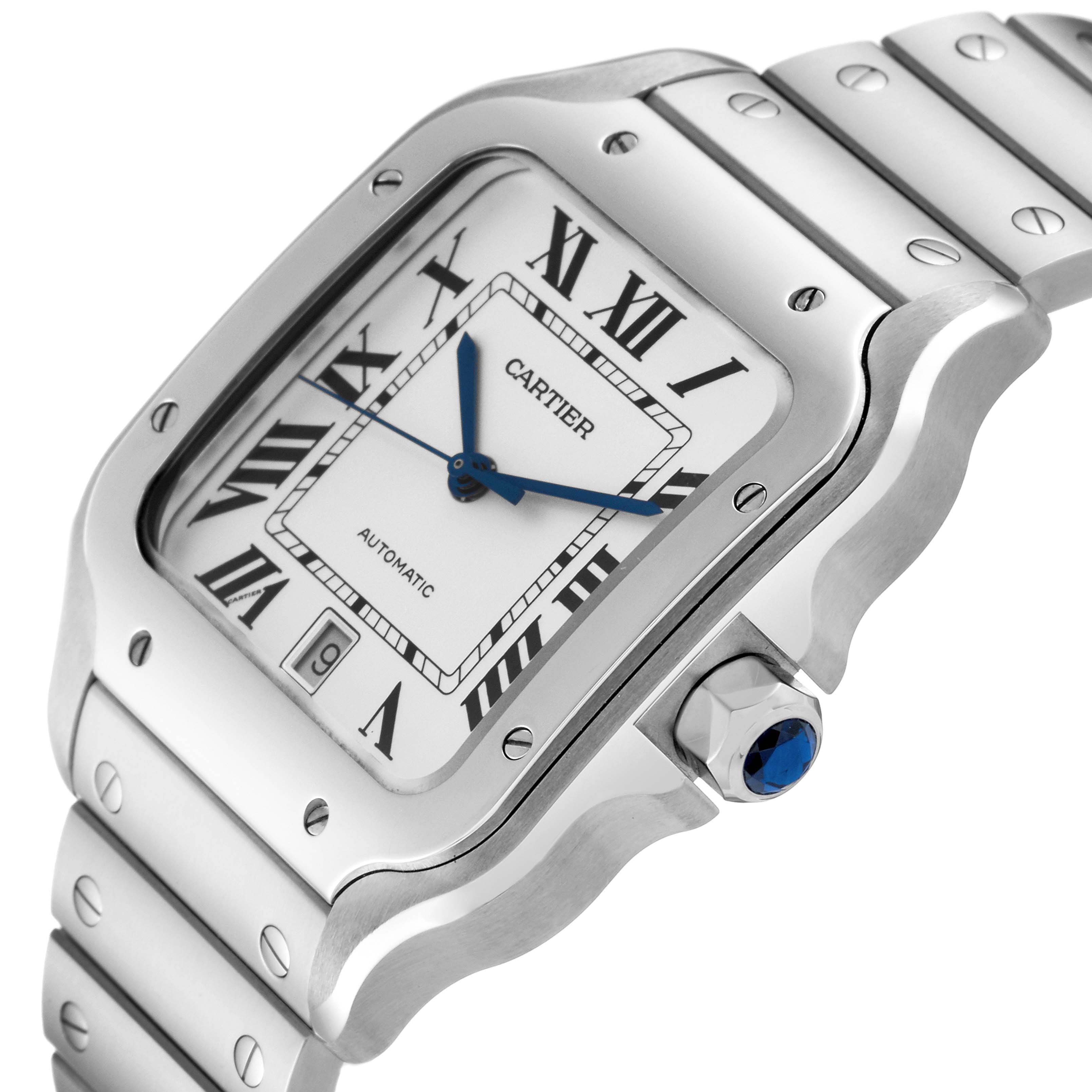 The image shows a close-up angled view of a Cartier Santos WSSA0018 Men
s Stainless Steel Silver Dial WSSA0018 Men
s Stainless Steel Silver Dial watch, highlighting the dial, bezel, and part of the bracelet.