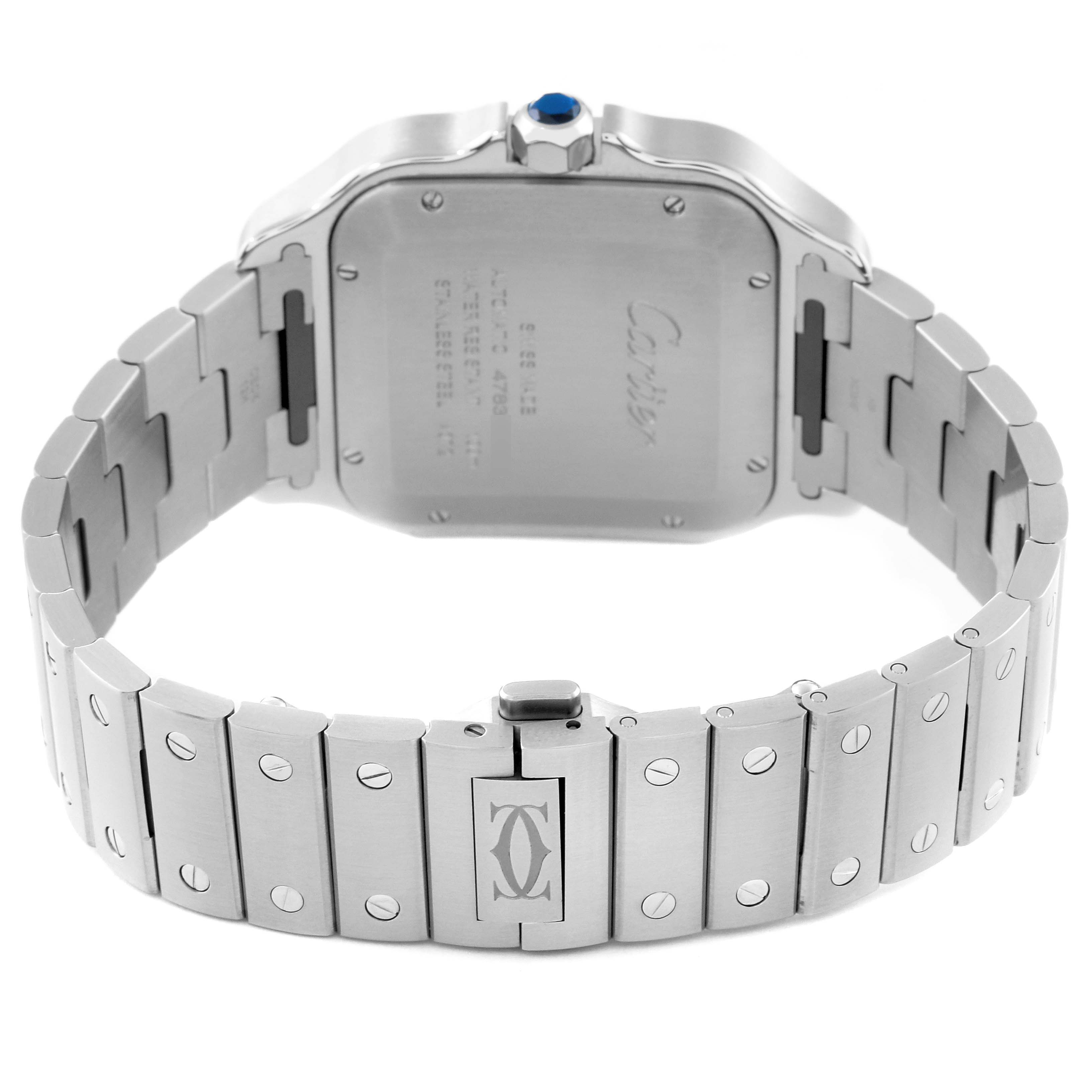 This image shows the back and bracelet of a Cartier Santos WSSA0047 Men
s Stainless Steel Silver Dial WSSA0047 Men
s Stainless Steel Silver Dial model watch, including the case back, crown, and clasp.