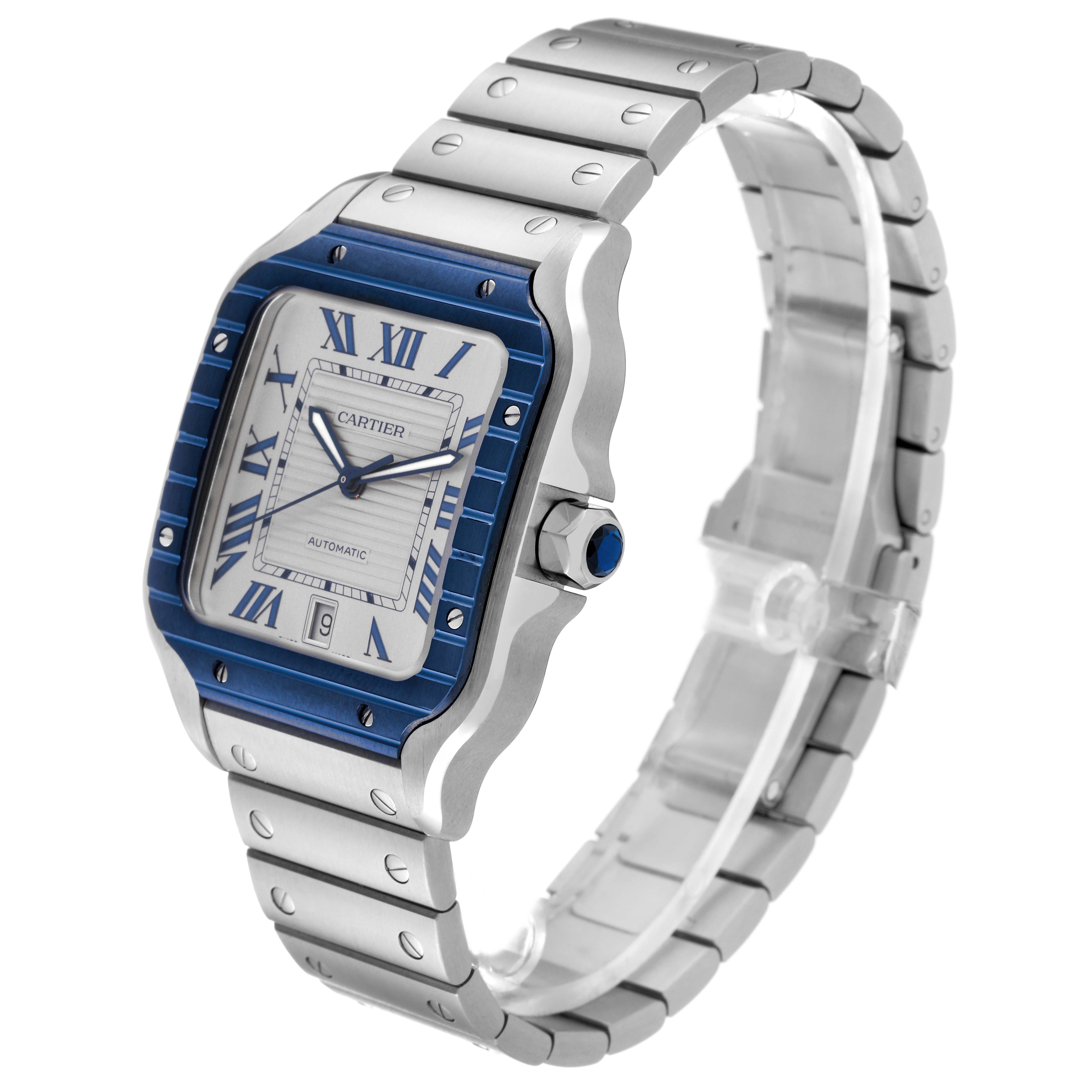 The image shows a Cartier Santos WSSA0047 Men
s Stainless Steel Silver Dial WSSA0047 Men
s Stainless Steel Silver Dial watch with a silver band and blue bezel, displayed at an angled side view.
