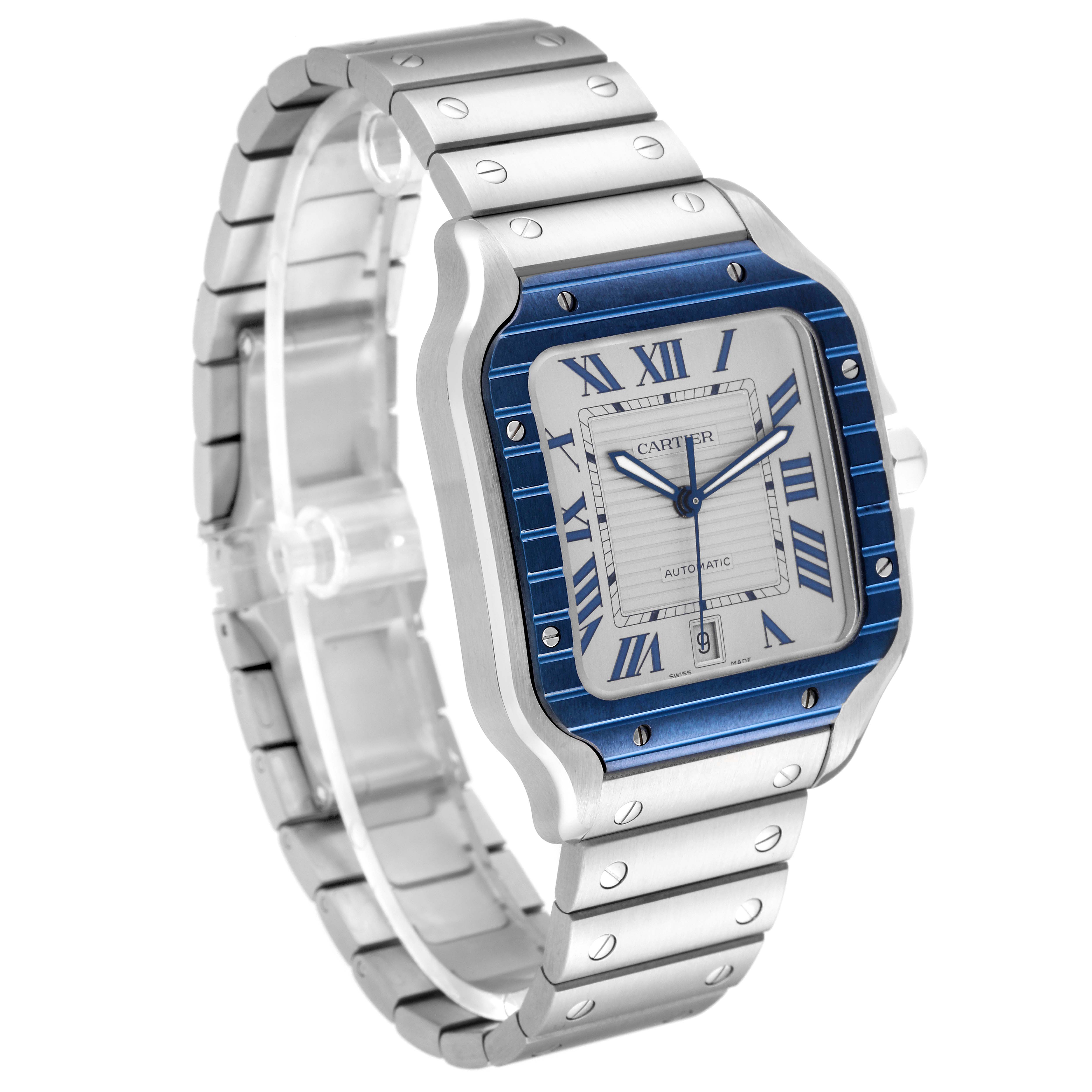 The Cartier Santos WSSA0047 Men
s Stainless Steel Silver Dial WSSA0047 Men
s Stainless Steel Silver Dial watch is displayed at an angle showing the face, bezel, and bracelet.