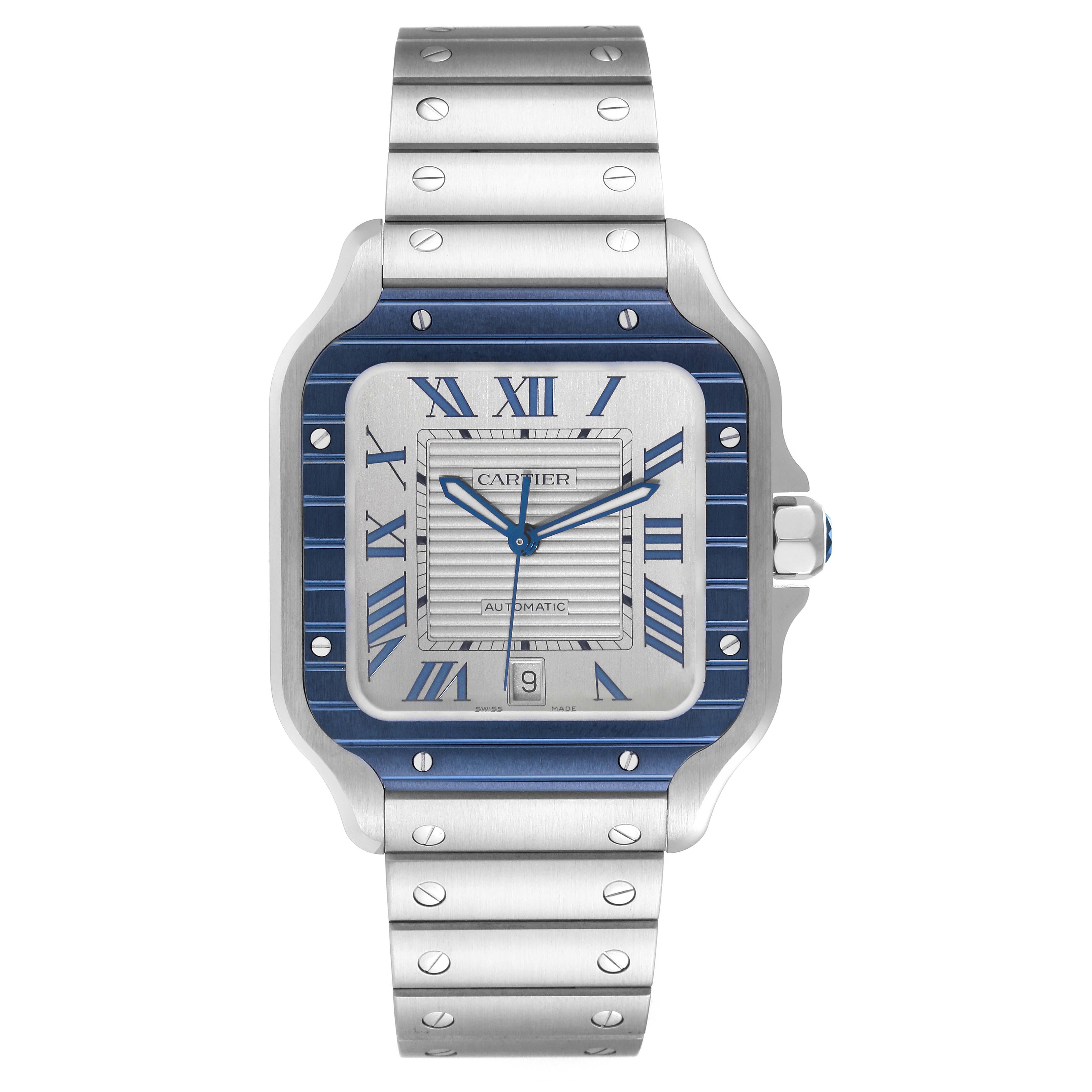 The image shows a Cartier Santos WSSA0047 Men
s Stainless Steel Silver Dial WSSA0047 Men
s Stainless Steel Silver Dial watch from the front, featuring the dial, bezel, crown, and bracelet.