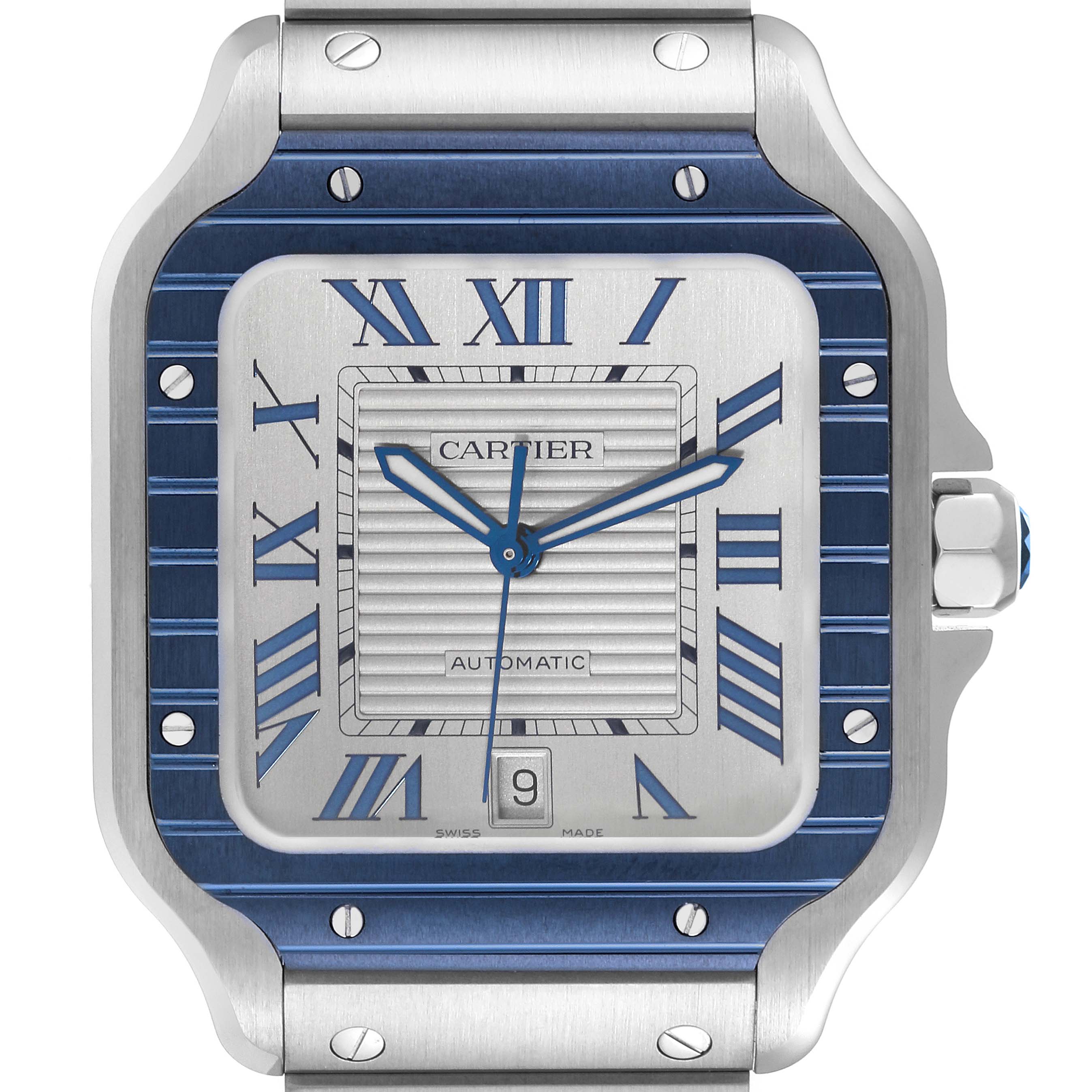 The image shows a close-up of the dial and bezel of the Santos de Cartier watch.