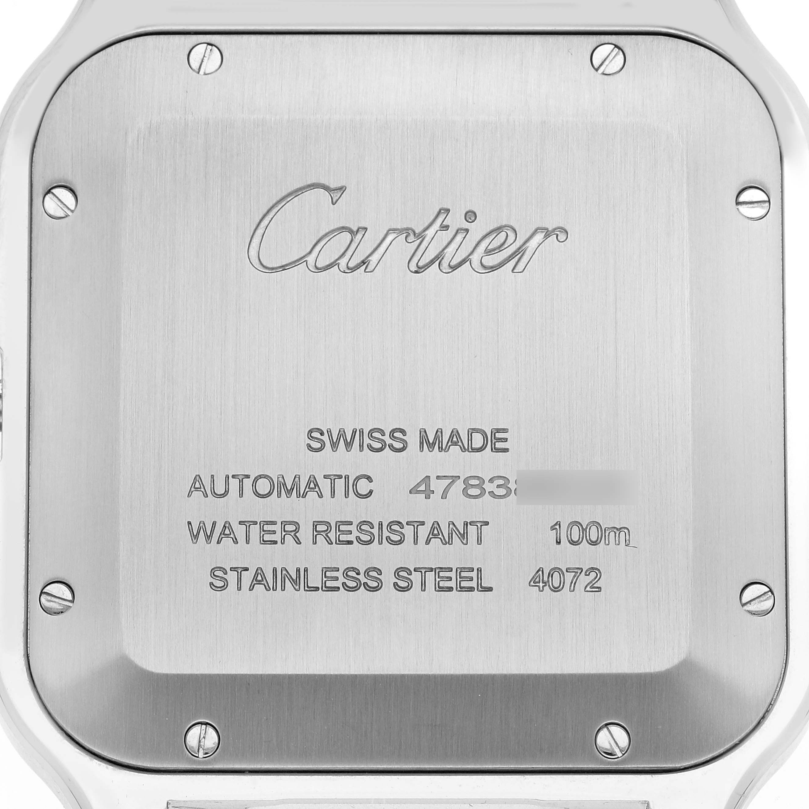 This image shows the back case of a Santos model by Cartier, highlighting inscriptions and screws.