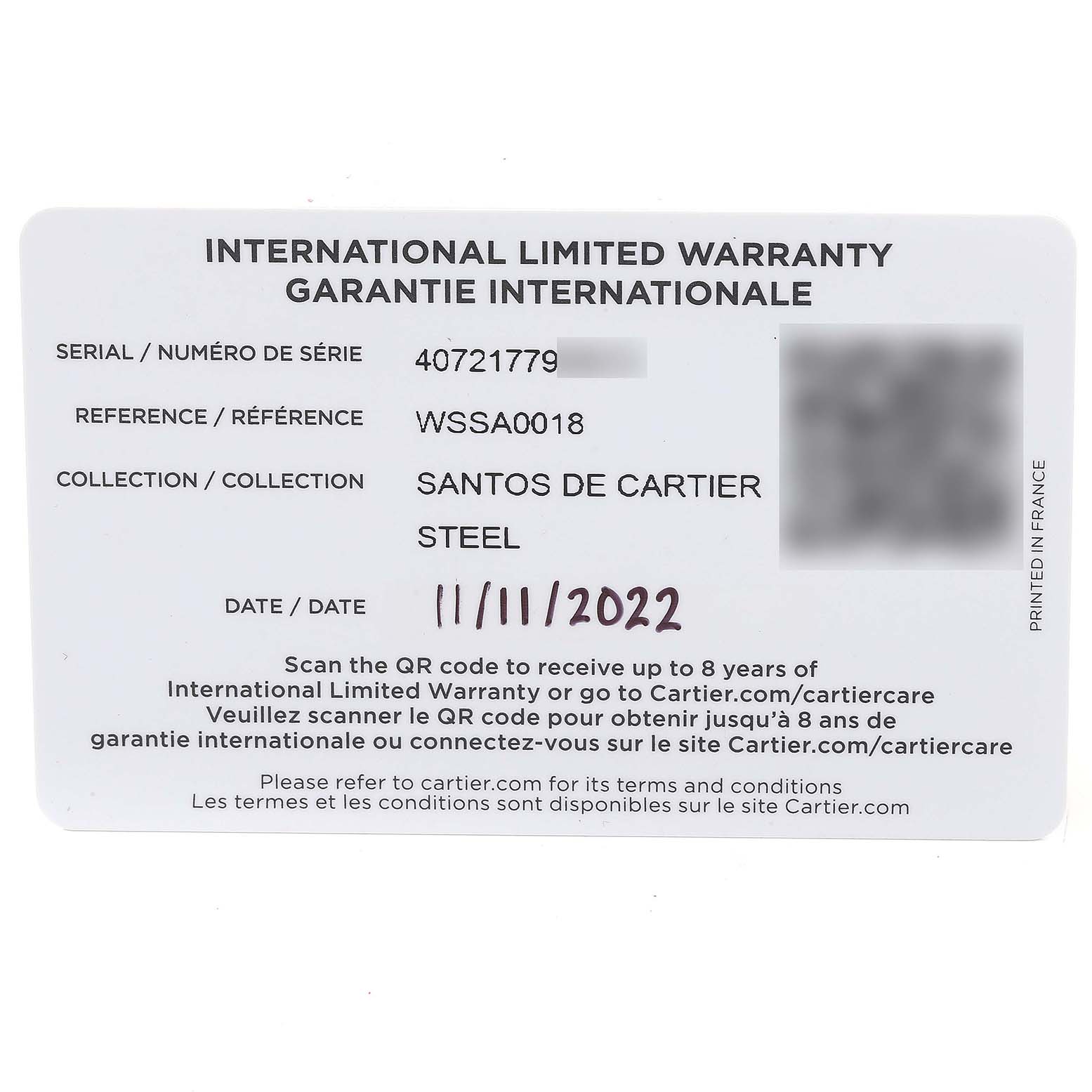 This is an international limited warranty card for the Santos de Cartier watch, showing serial number, reference, collection, and date.