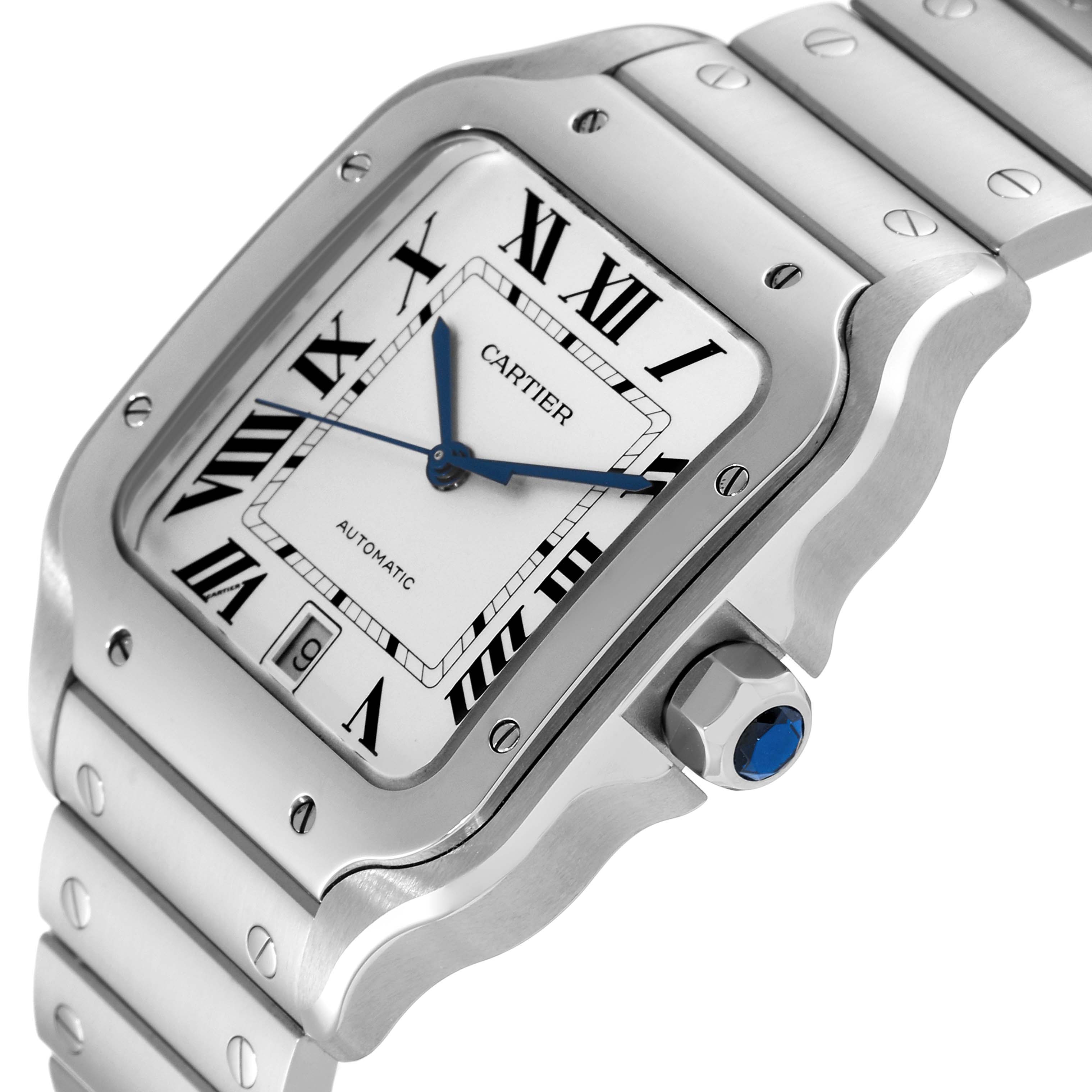 The image shows a close-up angle of a Cartier Santos WSSA0018 Men
s Stainless Steel Silver Dial WSSA0018 Men
s Stainless Steel Silver Dial watch, highlighting its dial, case, and part of the bracelet.