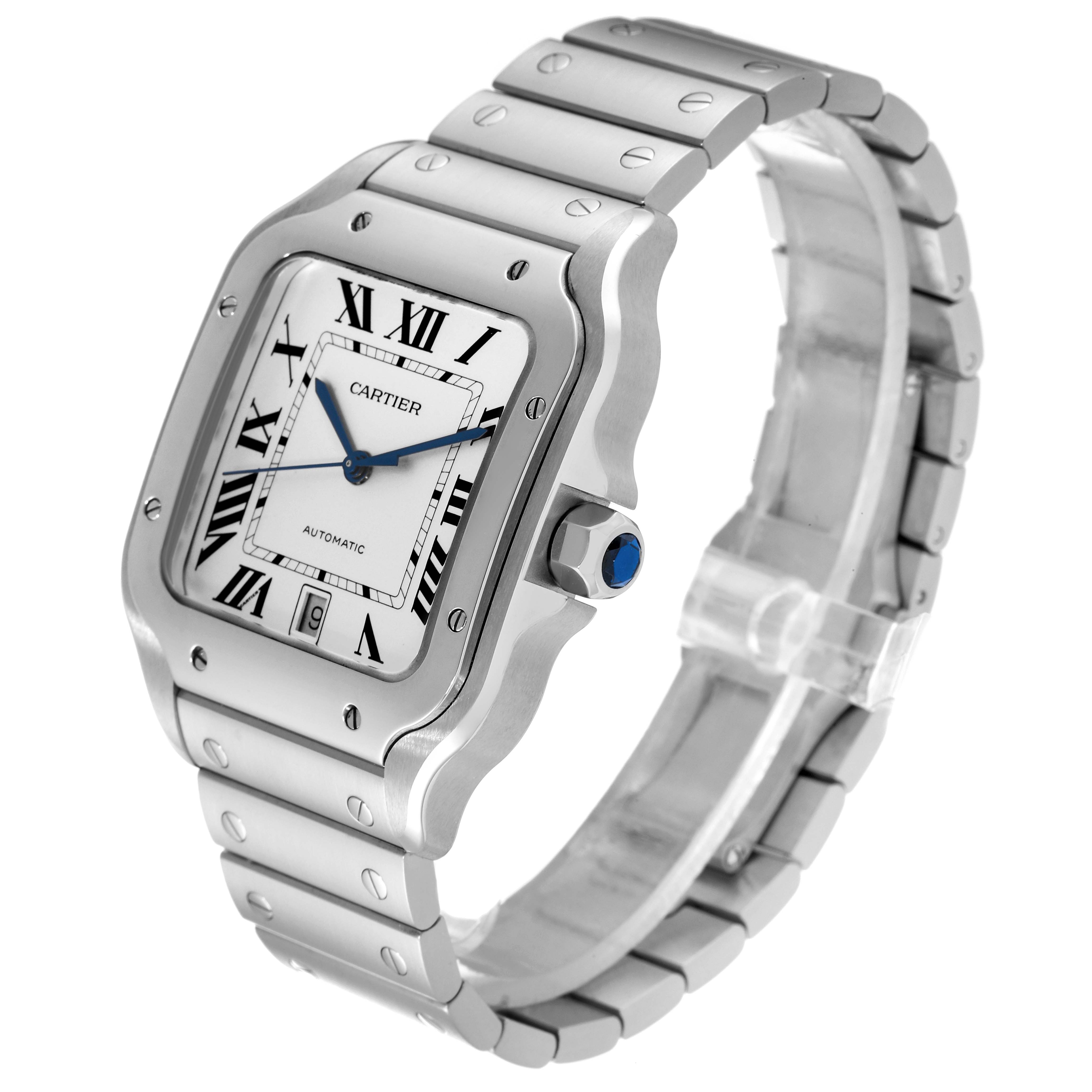 The image shows a Cartier Santos WSSA0018 Men
s Stainless Steel Silver Dial WSSA0018 Men
s Stainless Steel Silver Dial watch at a three-quarter angle, highlighting the face, dial, crown, and bracelet.