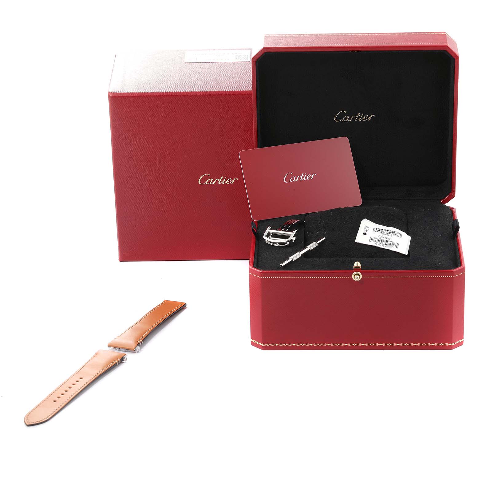 The image shows the box, warranty card, buckle, tool, and strap parts of a Cartier Santos WSSA0018 Men
s Stainless Steel Silver Dial WSSA0018 Men
s Stainless Steel Silver Dial watch.