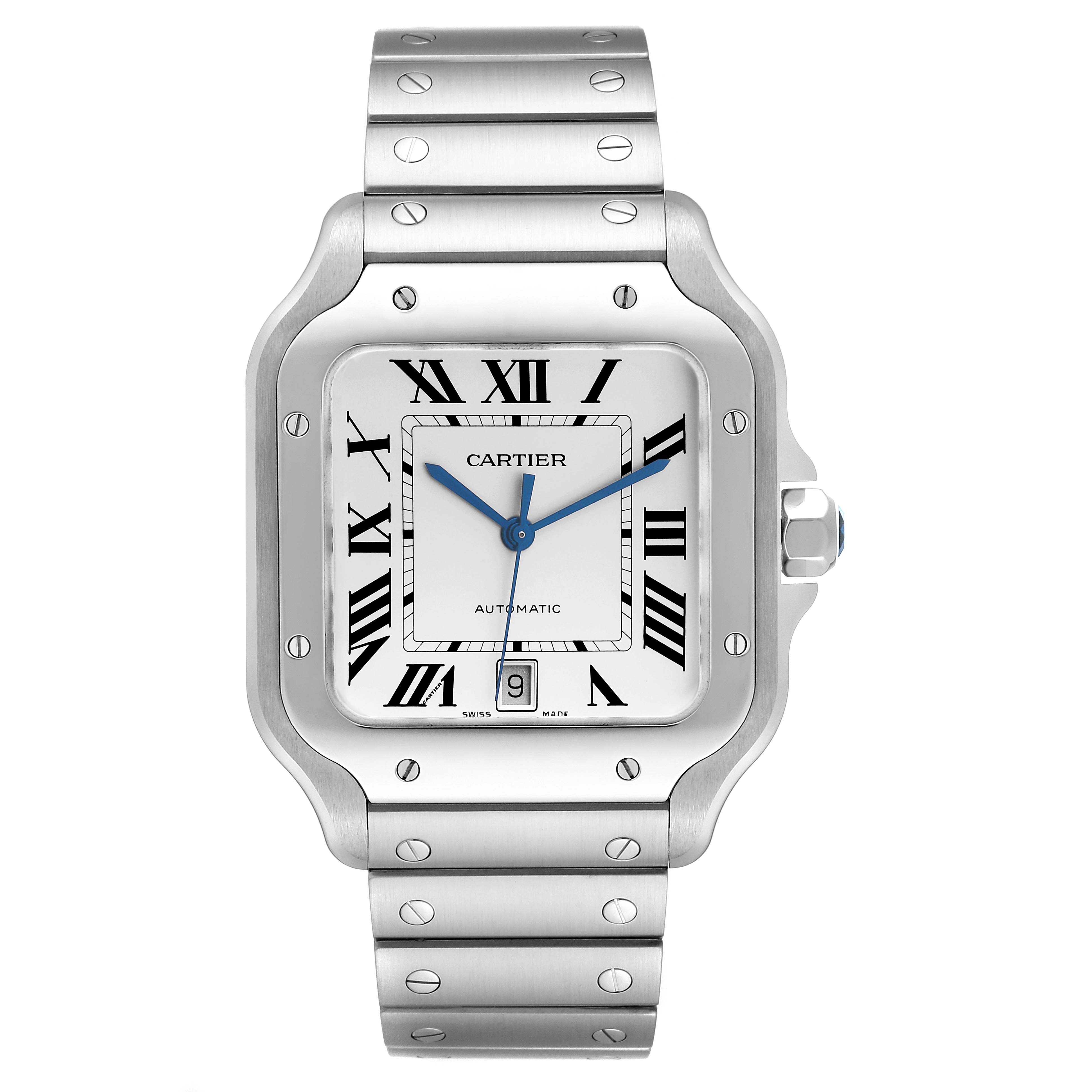 This image shows a full view of the Cartier Santos WSSA0018 Men
s Stainless Steel Silver Dial WSSA0018 Men
s Stainless Steel Silver Dial watch, displaying its face, bezel, and bracelet.