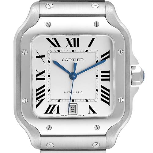 Photo of Cartier Santos Silver Dial Large Steel Mens Watch WSSA0018 Box Card