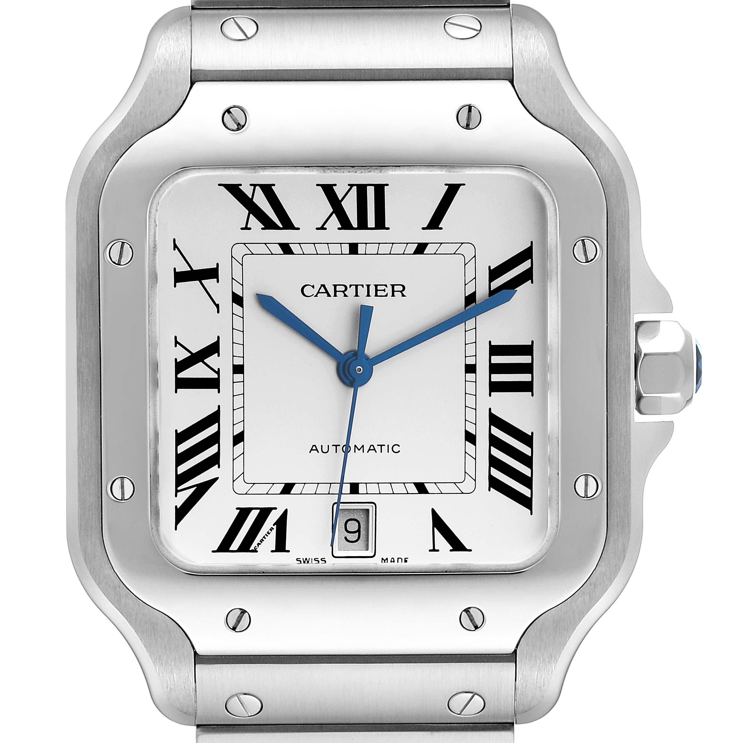 The image shows a front view of the Santos de Cartier watch, highlighting the dial, hands, date window, and part of the bracelet.