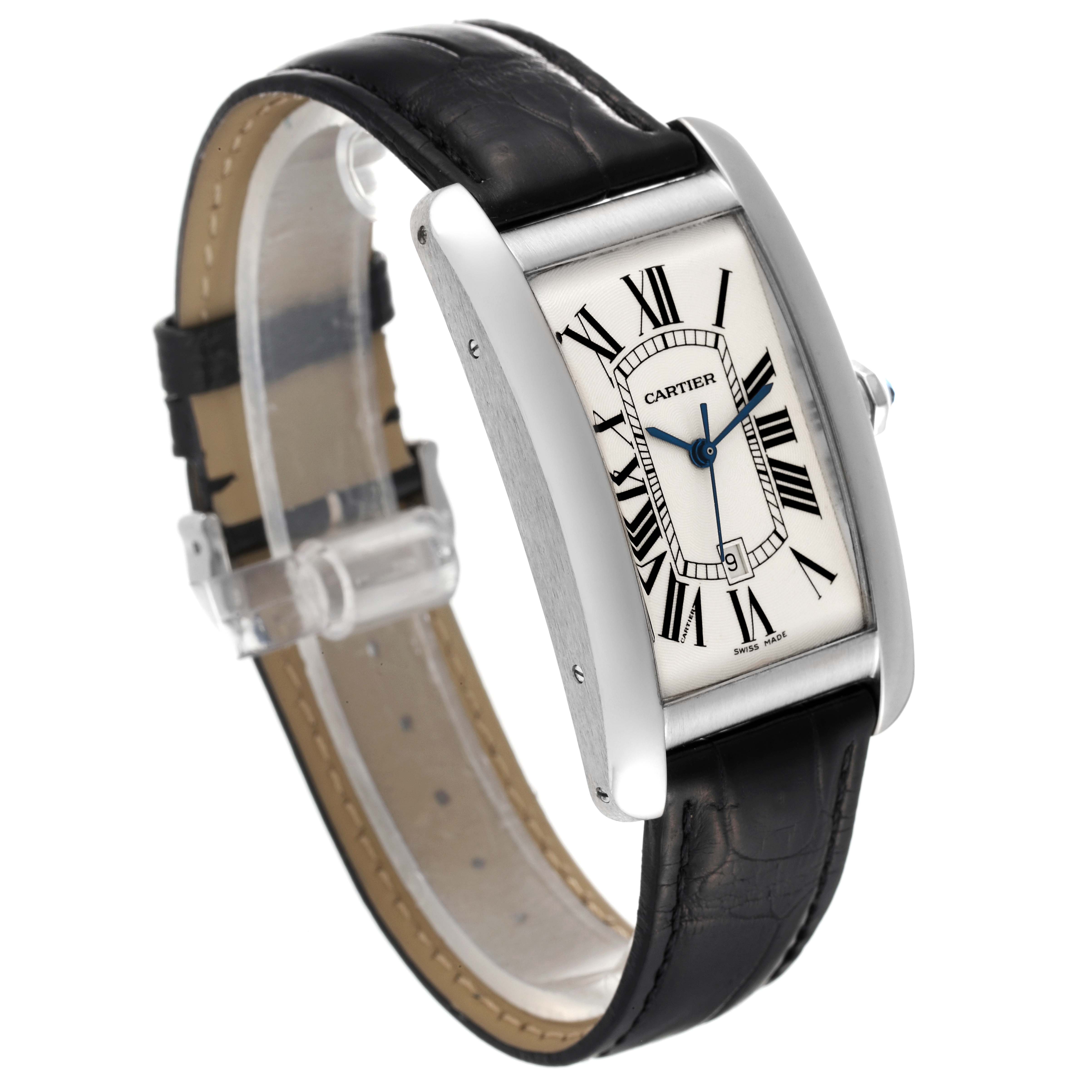 The Cartier Tank Americaine W2603256 Men's White Gold Silver Dial W2603256 Men's White Gold Silver Dial watch is shown at an angle displaying its face, black leather strap, and silver casing.