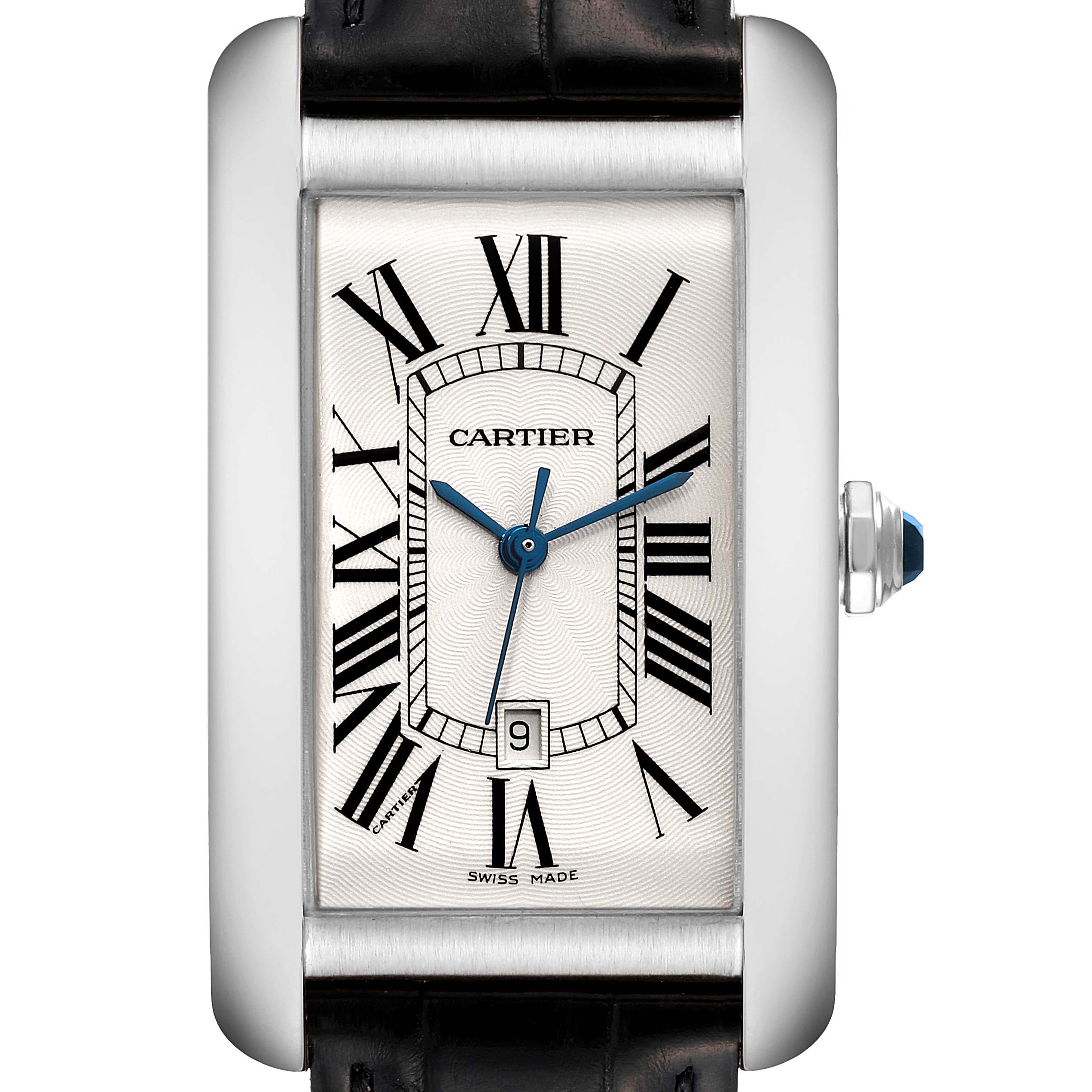 This image shows a front view of the Cartier Tank Americaine W2603256 Men's White Gold Silver Dial W2603256 Men's White Gold Silver Dial watch, highlighting the dial, hands, crown, and part of the strap.