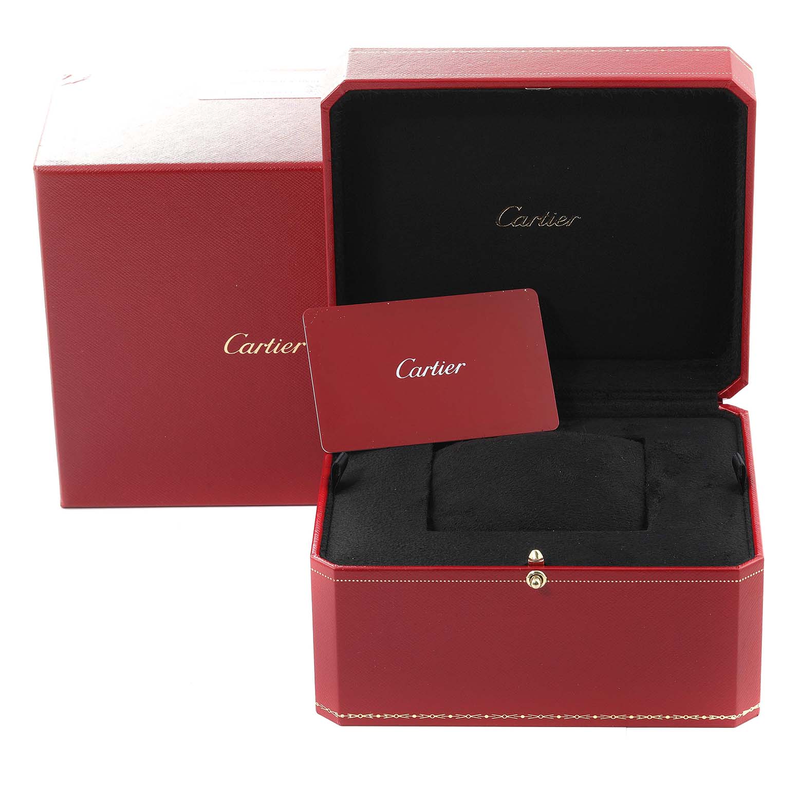 This image shows the packaging and presentation box for the Cartier Tank Americaine W2603256 Men's White Gold Silver Dial W2603256 Men's White Gold Silver Dial watch, including an outer box and an inner velvet-lined box with a card.