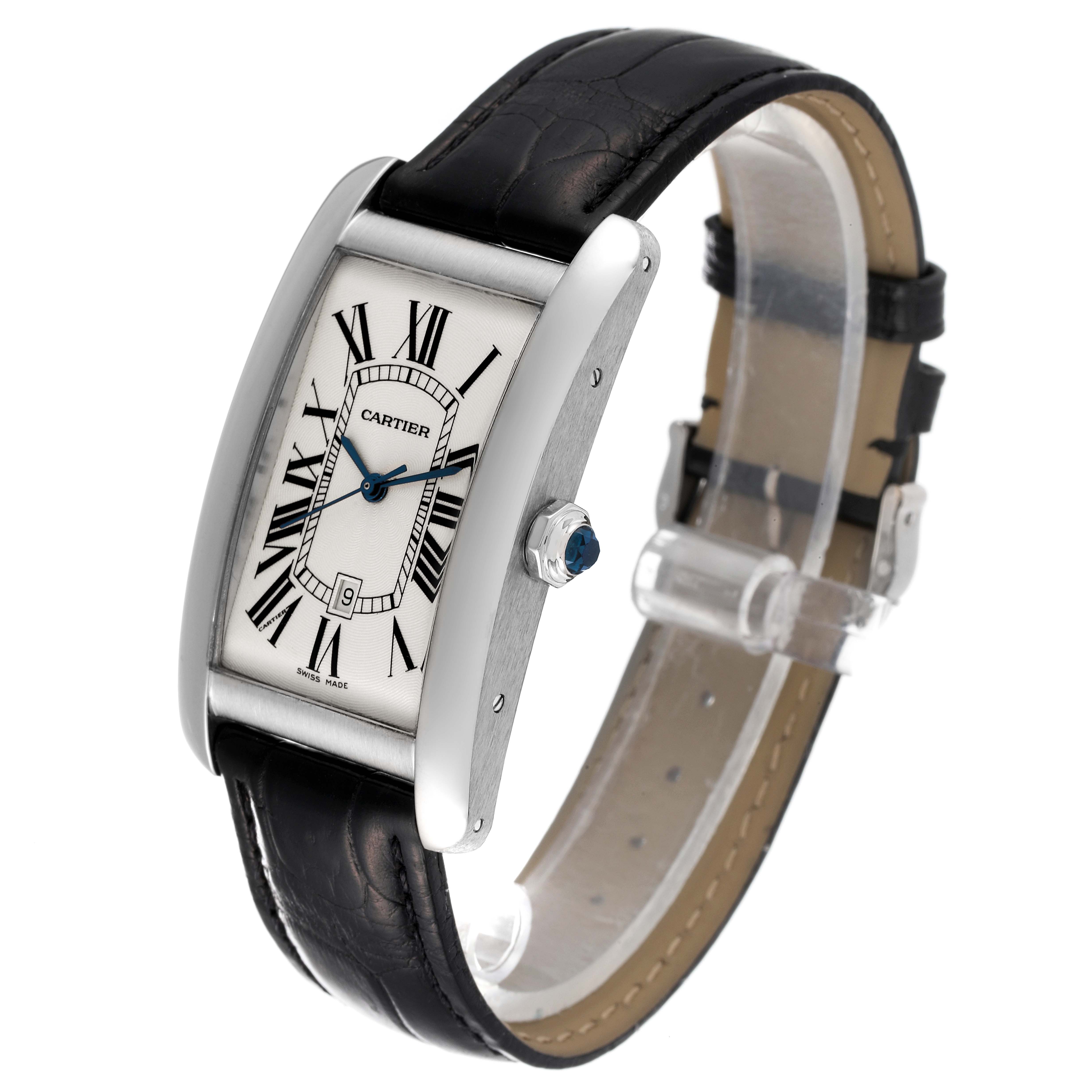 The Cartier Tank Americaine W2603256 Men's White Gold Silver Dial W2603256 Men's White Gold Silver Dial watch is shown at an angled side view, highlighting its face, crown, and leather strap.