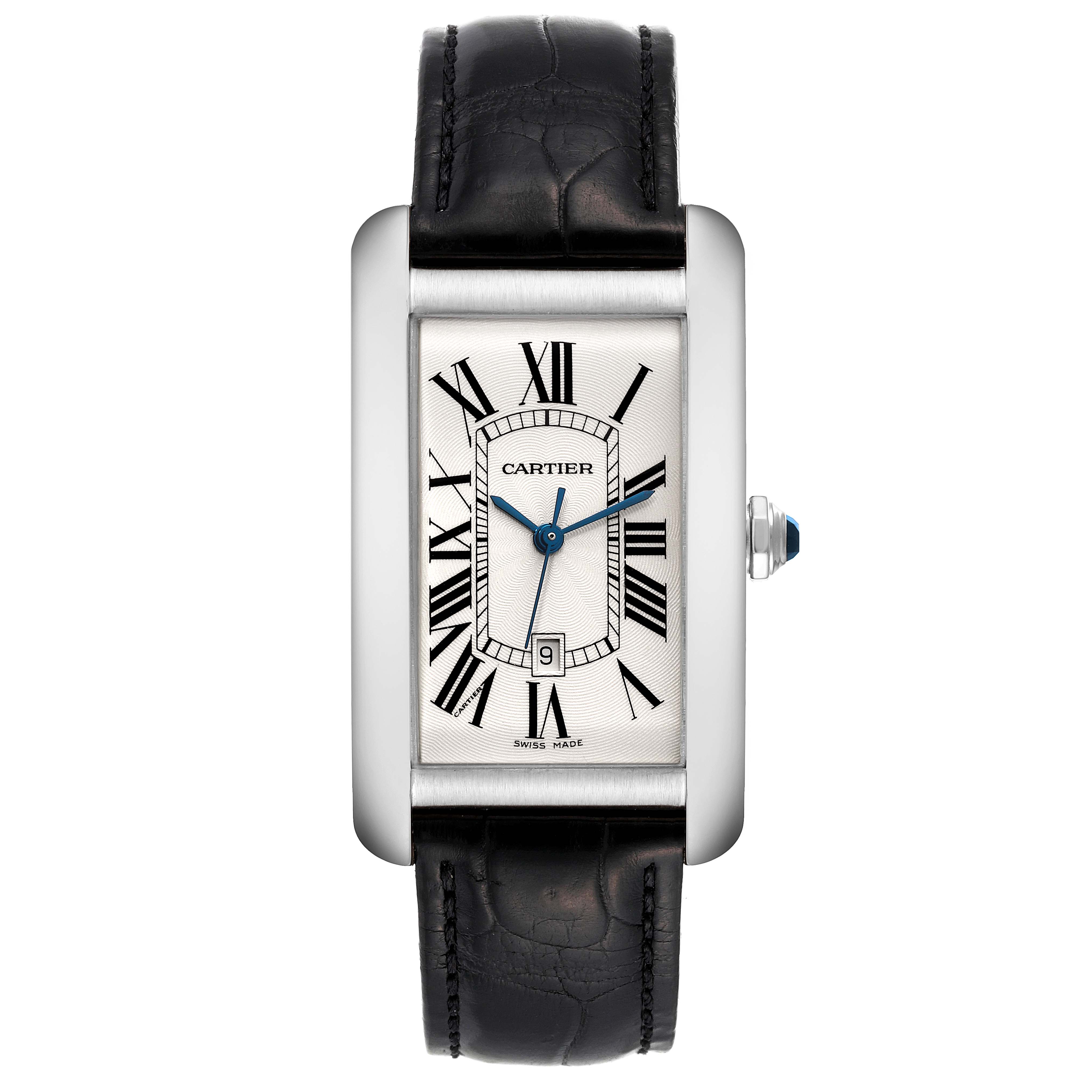 The image shows a front view of the Cartier Tank Americaine W2603256 Men's White Gold Silver Dial W2603256 Men's White Gold Silver Dial watch, displaying the dial, case, crown, and leather strap.