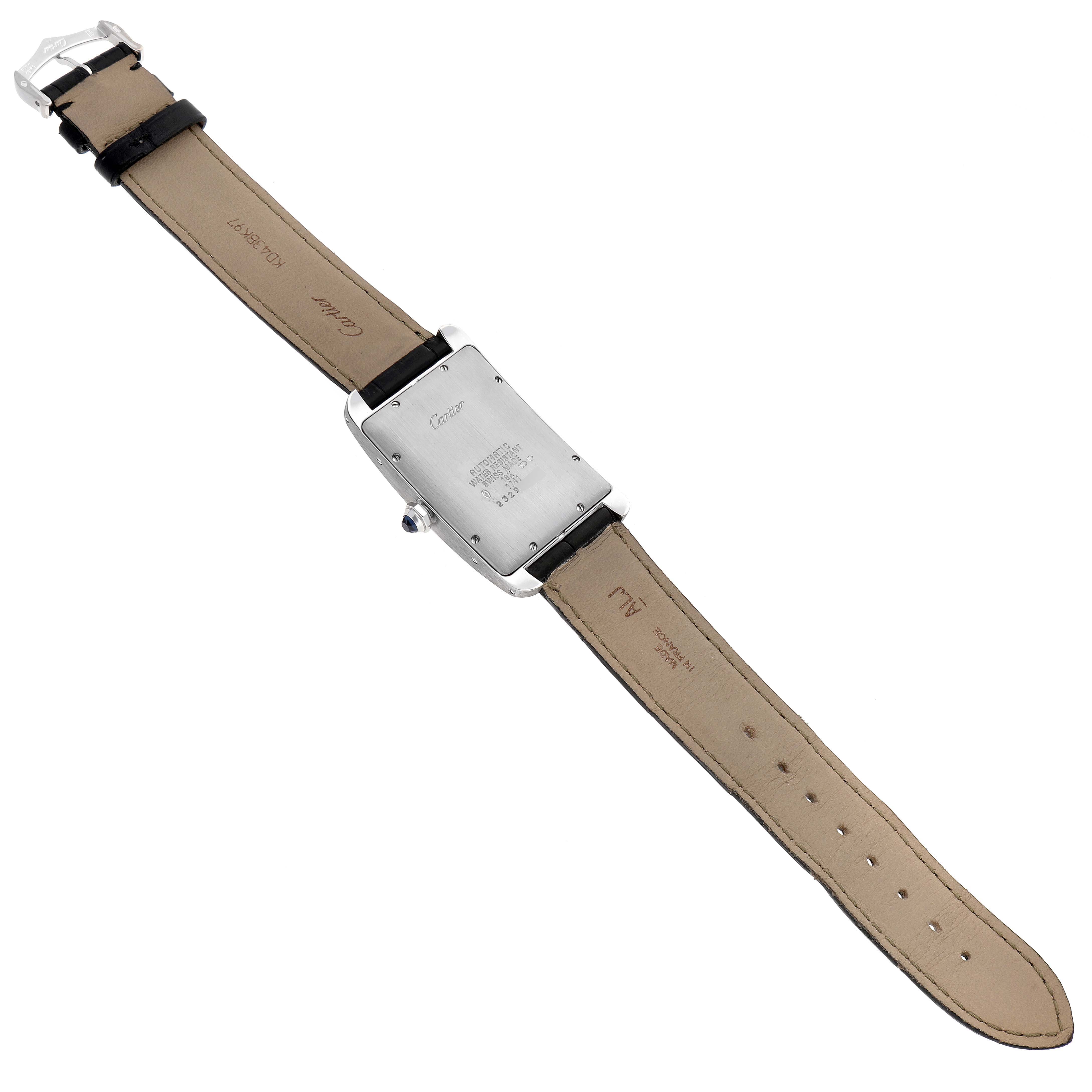 The image shows the back view of the Cartier Tank Americaine W2603256 Men's White Gold Silver Dial W2603256 Men's White Gold Silver Dial watch, displaying the case back and leather strap.