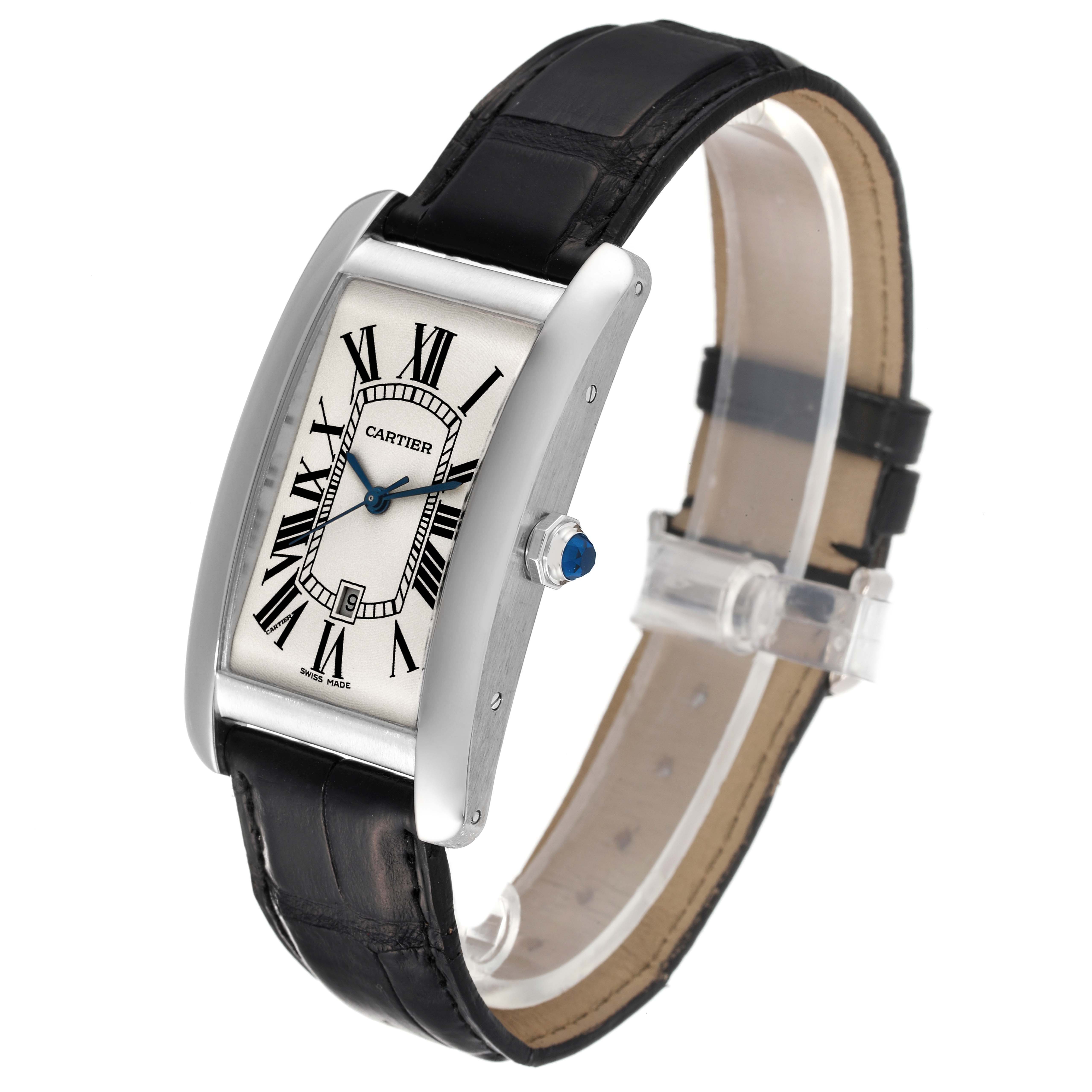 This image shows a Cartier Tank Américaine watch at a slight angle, highlighting its face, case, crown, and black leather strap.