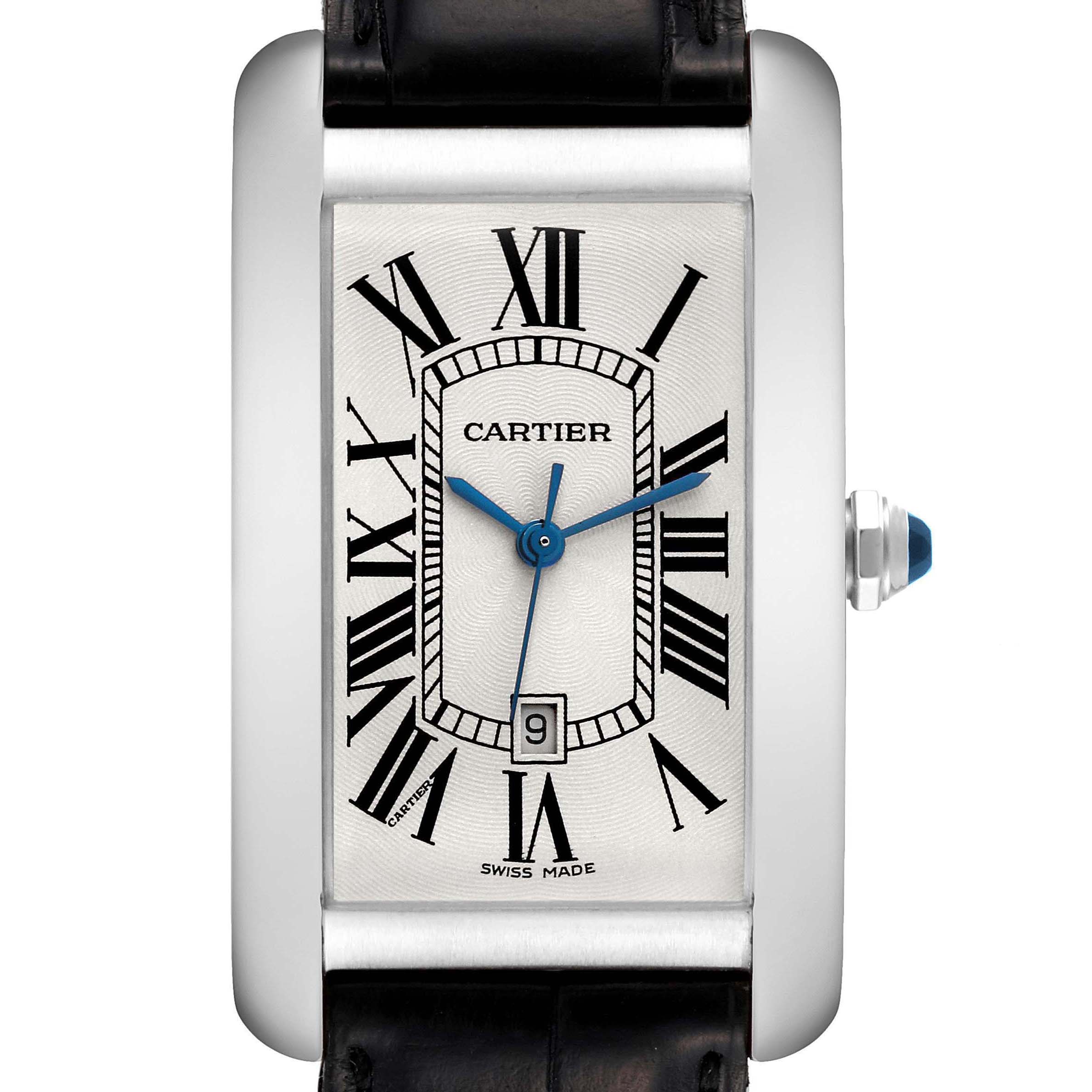 The image displays the face of the Cartier Tank Americaine W2603256 Men's White Gold Silver Dial W2603256 Men's White Gold Silver Dial watch, showcasing its rectangular dial, Roman numerals, and leather strap.