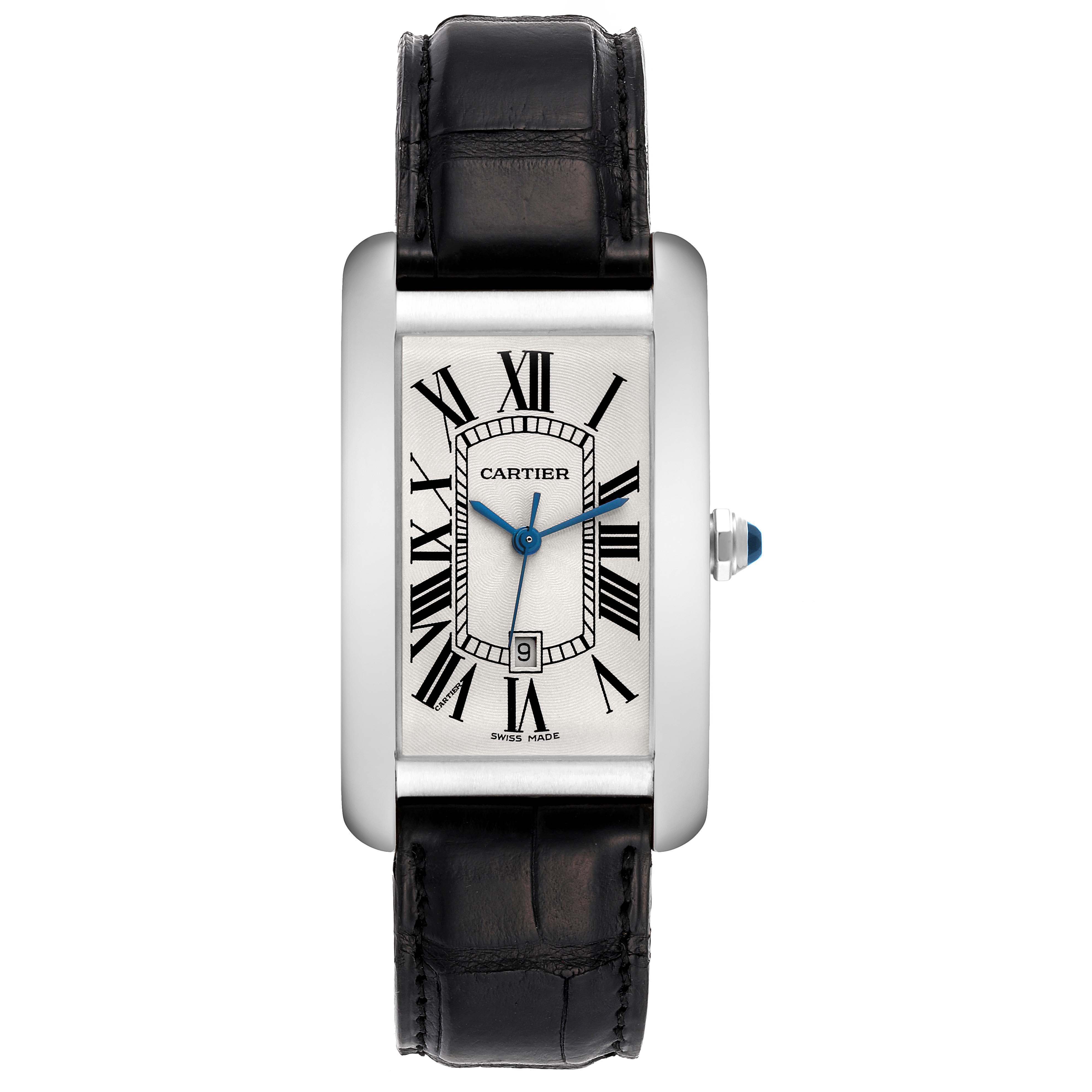 This image shows a front view of the Cartier Tank Americaine W2603256 Men's White Gold Silver Dial W2603256 Men's White Gold Silver Dial watch, highlighting its rectangular face, Roman numerals, and black leather strap.
