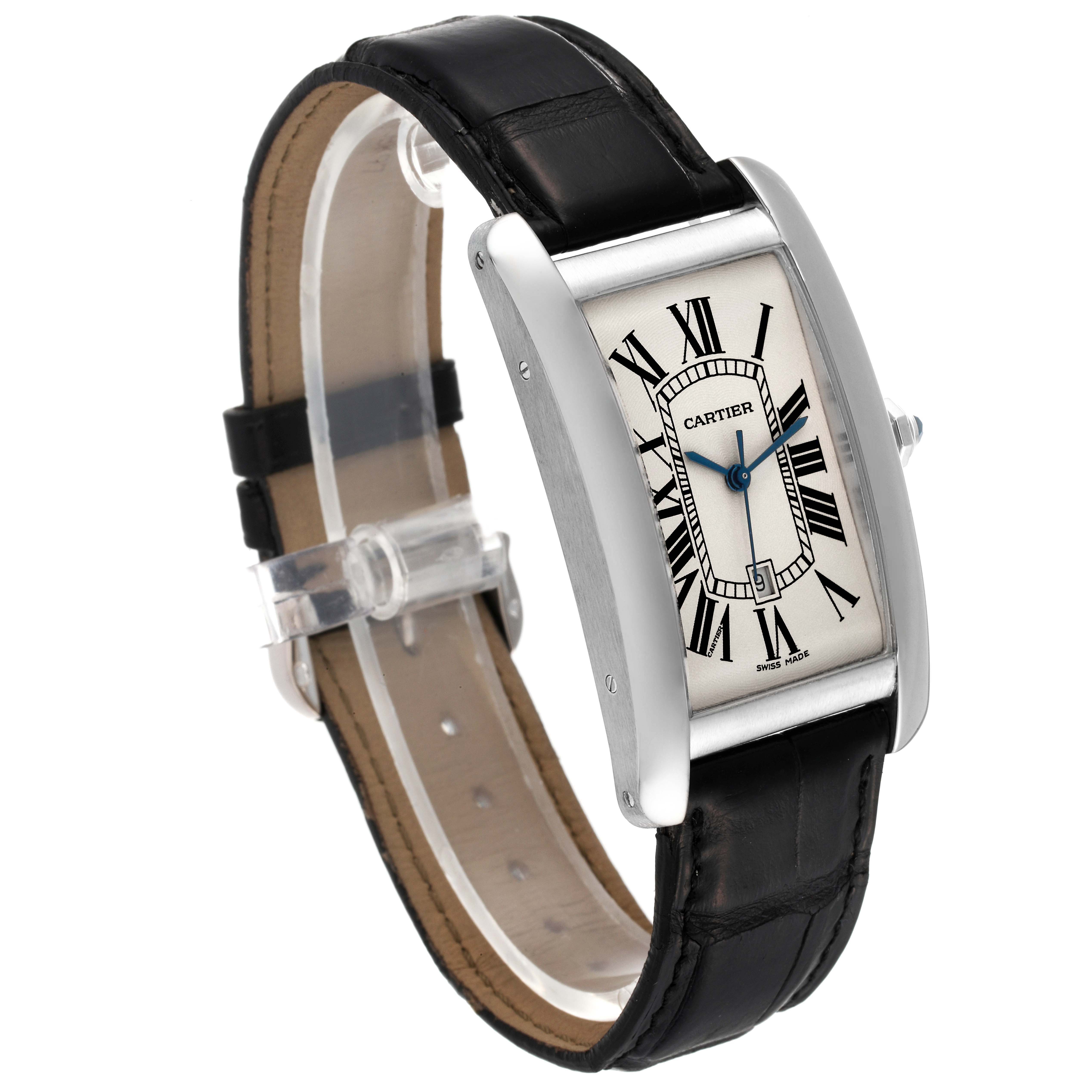 The Cartier Tank Americaine W2603256 Men's White Gold Silver Dial W2603256 Men's White Gold Silver Dial watch is shown at a side angle, displaying its black strap, rectangular dial, and roman numerals.