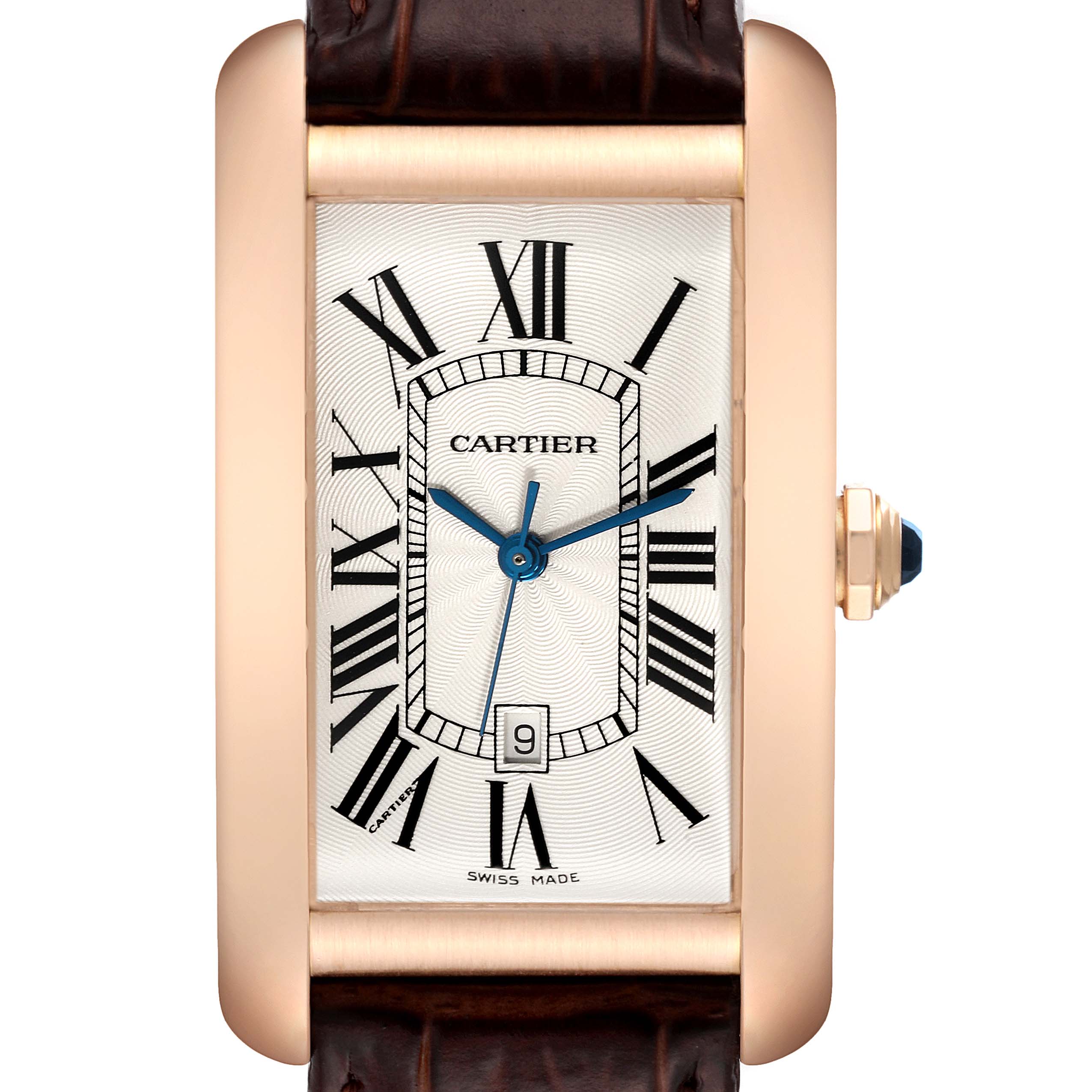 The Cartier Tank Americaine W2609156 Men
s Rose Gold Silver Dial W2609156 Men
s Rose Gold Silver Dial watch is shown front-facing, displaying its rectangular case, Roman numeral dial, and date window.