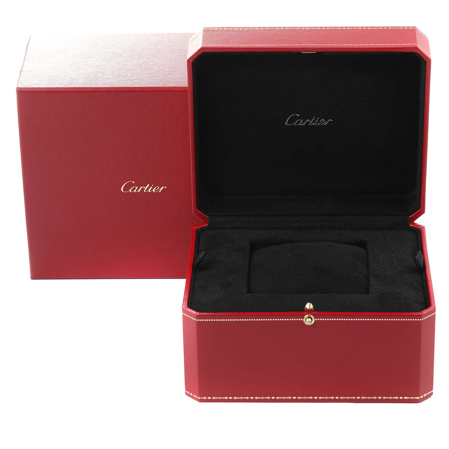 The image shows a red Cartier watch box with an open lid, designed for the Tank Américaine model.
