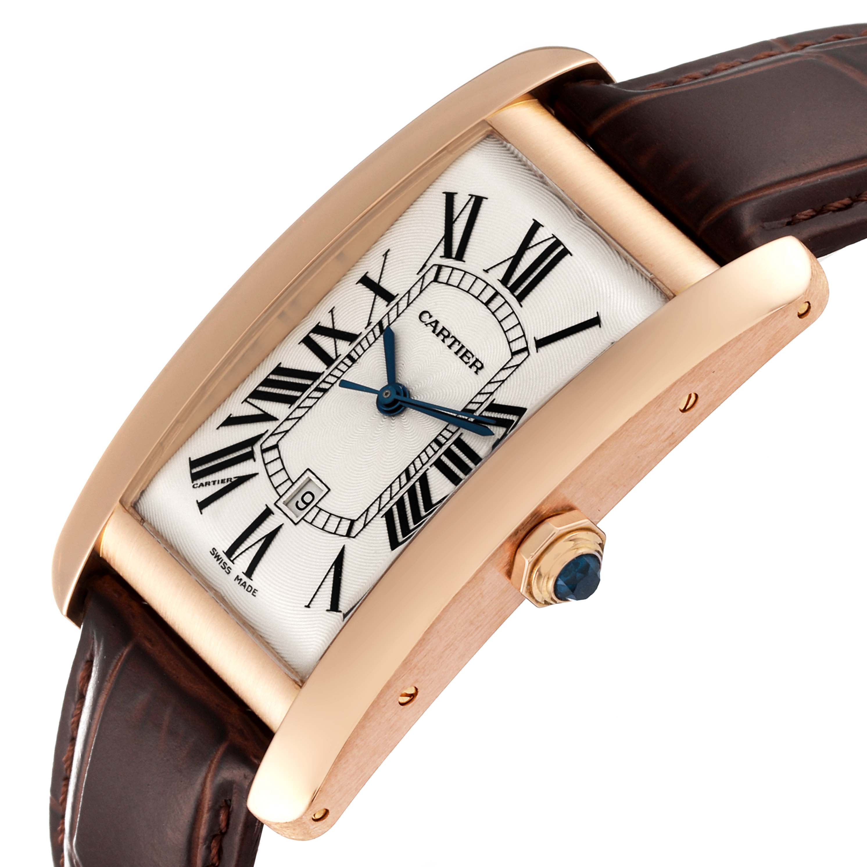The image shows a Tank Americaine model by Cartier from an angled side view, highlighting the dial, case, crown, and strap.