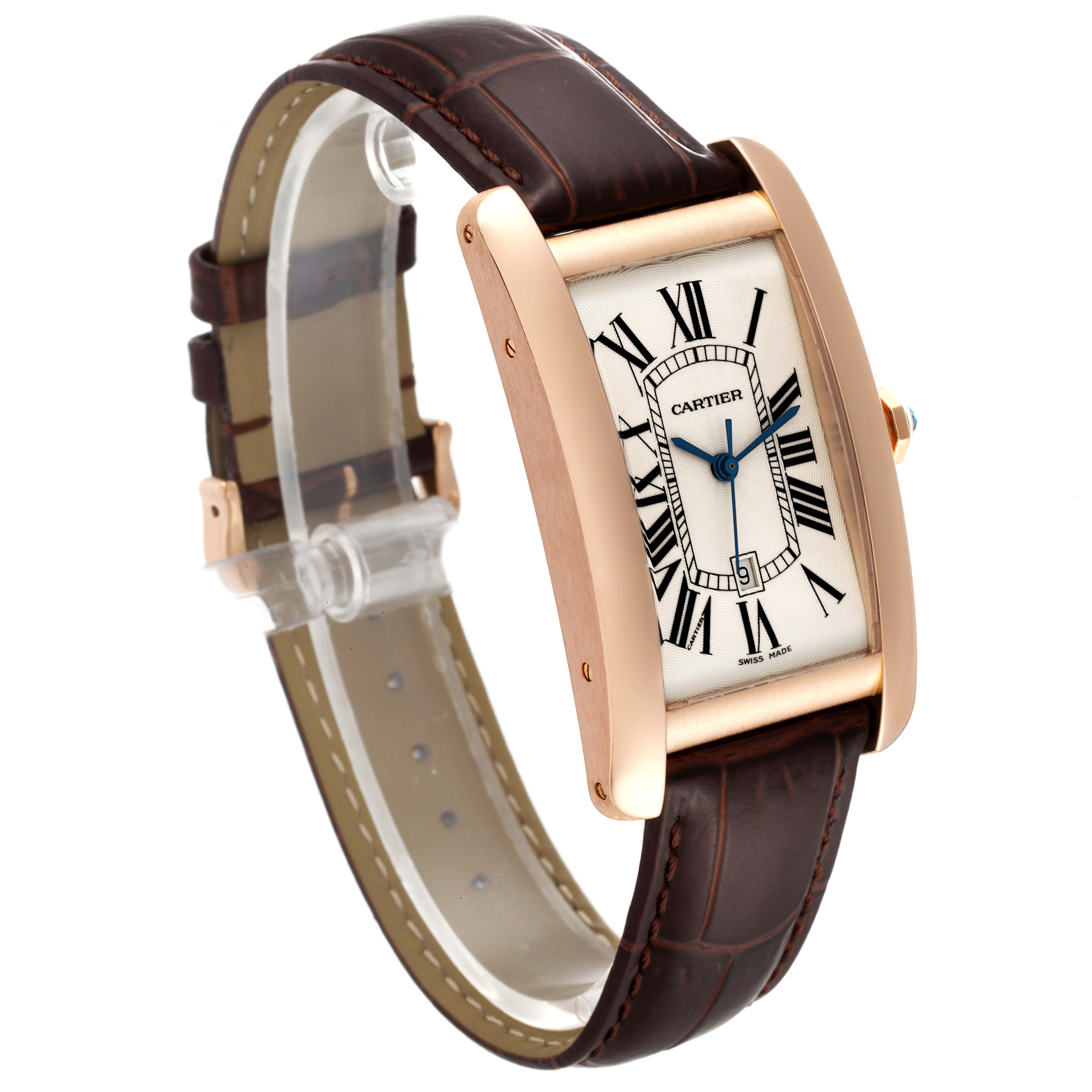 The image shows a Cartier Tank Americaine W2609156 Men
s Rose Gold Silver Dial W2609156 Men
s Rose Gold Silver Dial watch at a three-quarter angle, displaying its brown leather strap and rectangular face with Roman numerals.