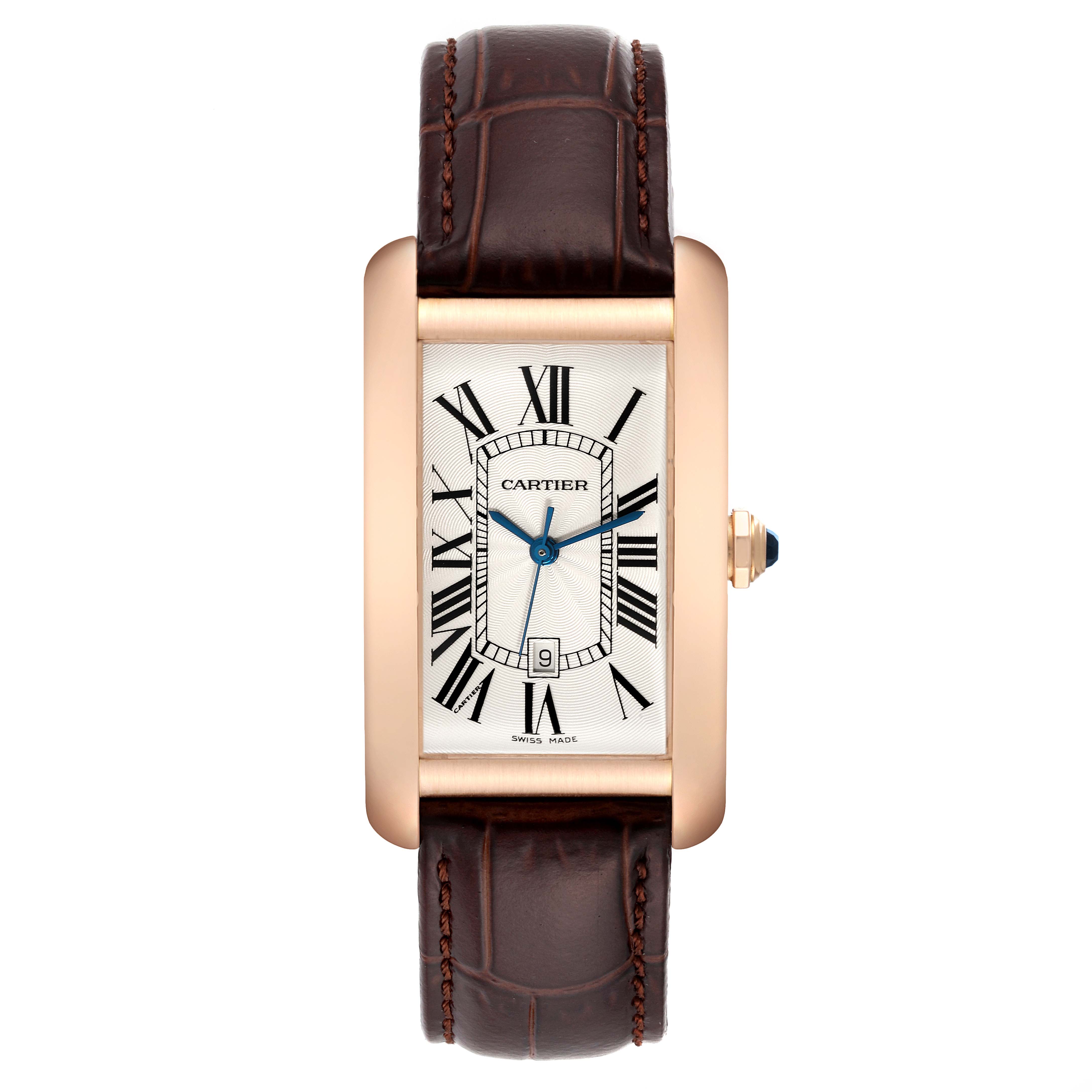 The image shows a frontal view of a Cartier Tank Americaine W2609156 Men
s Rose Gold Silver Dial W2609156 Men
s Rose Gold Silver Dial watch, displaying its face, bezel, crown, and leather strap.