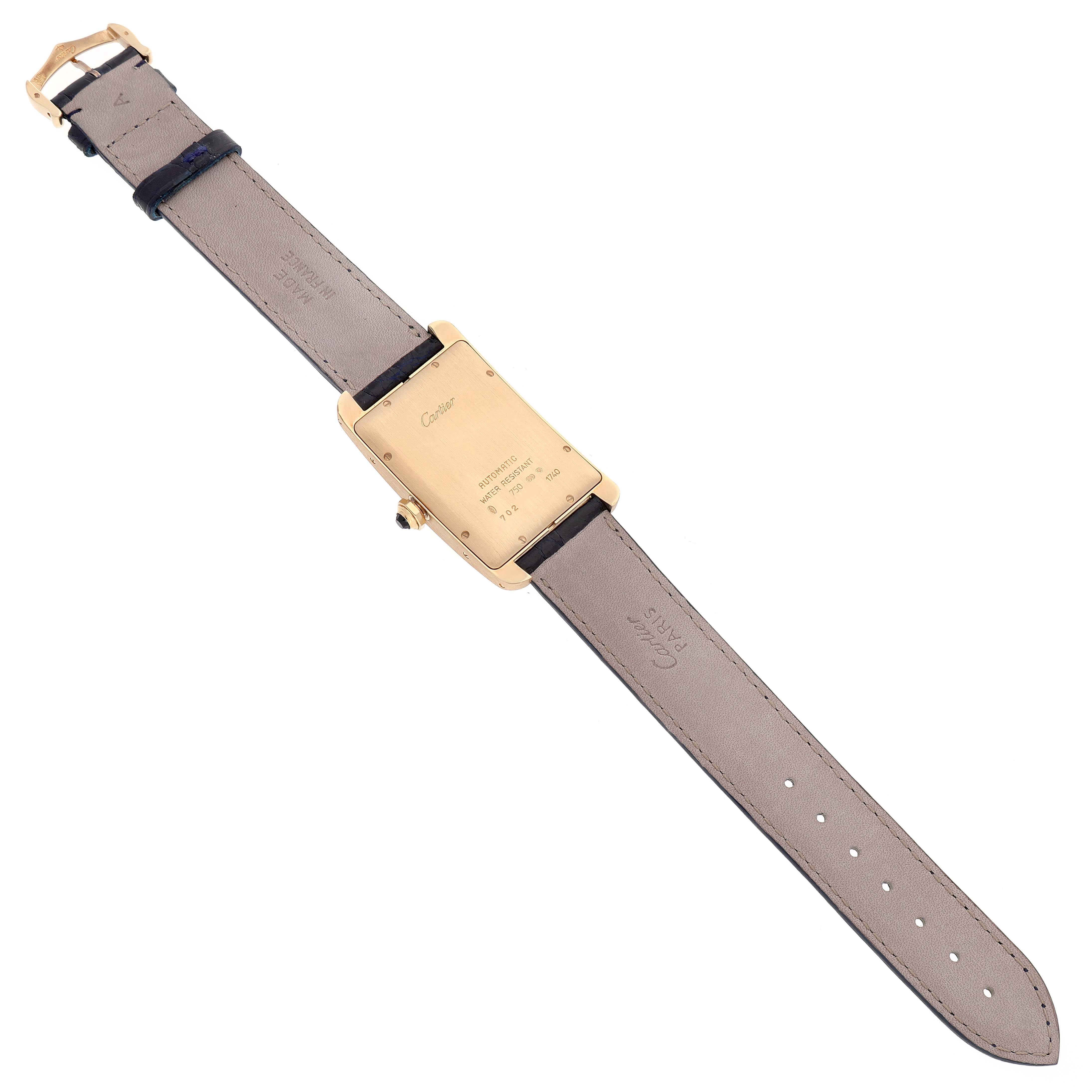 The image shows the back view and strap of a Cartier Tank Americaine W2603156 Men's Yellow Gold Silver Dial W2603156 Men's Yellow Gold Silver Dial watch.