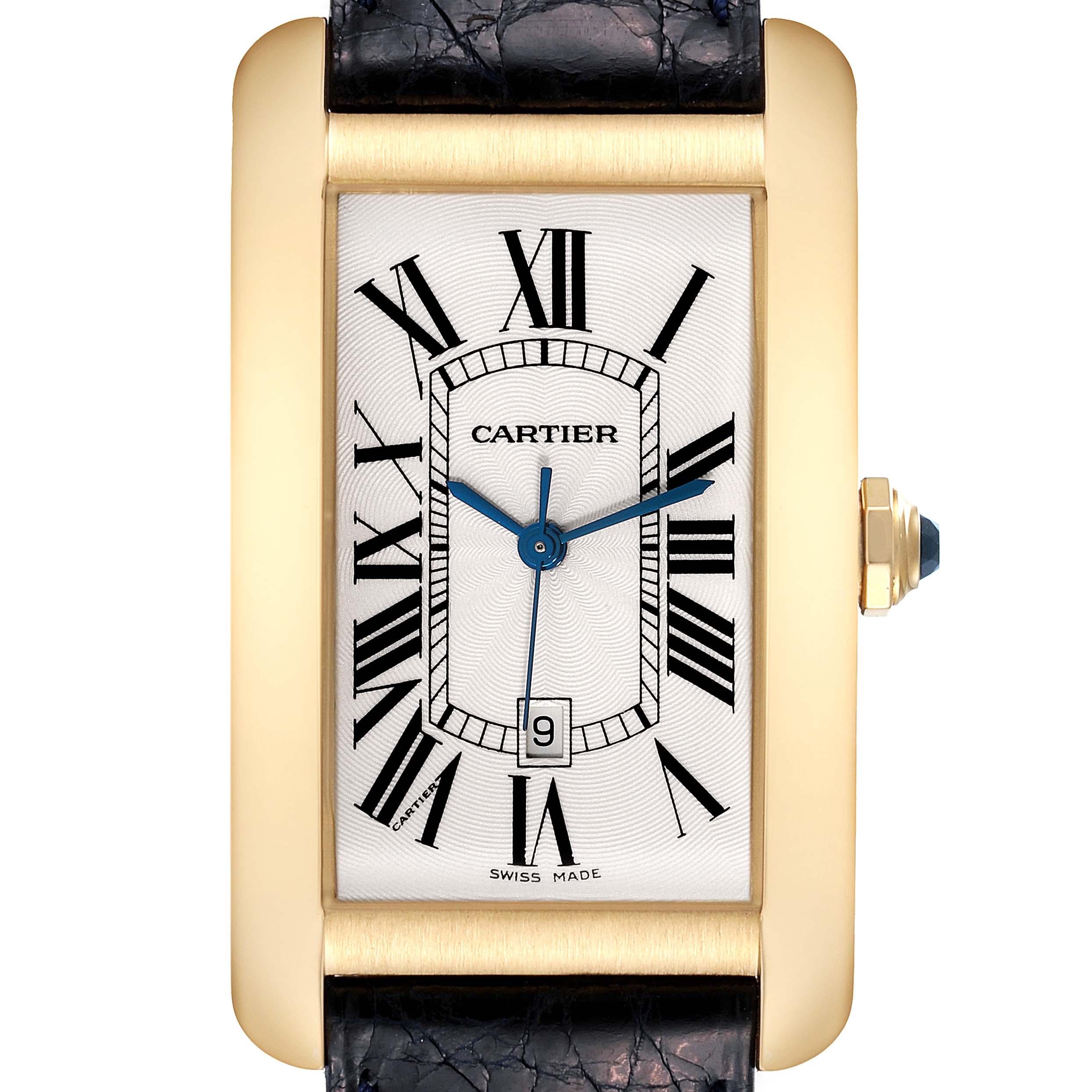 The image shows a front view of the Cartier Tank Americaine W2603156 Men's Yellow Gold Silver Dial W2603156 Men's Yellow Gold Silver Dial watch, highlighting its rectangular dial and black strap.