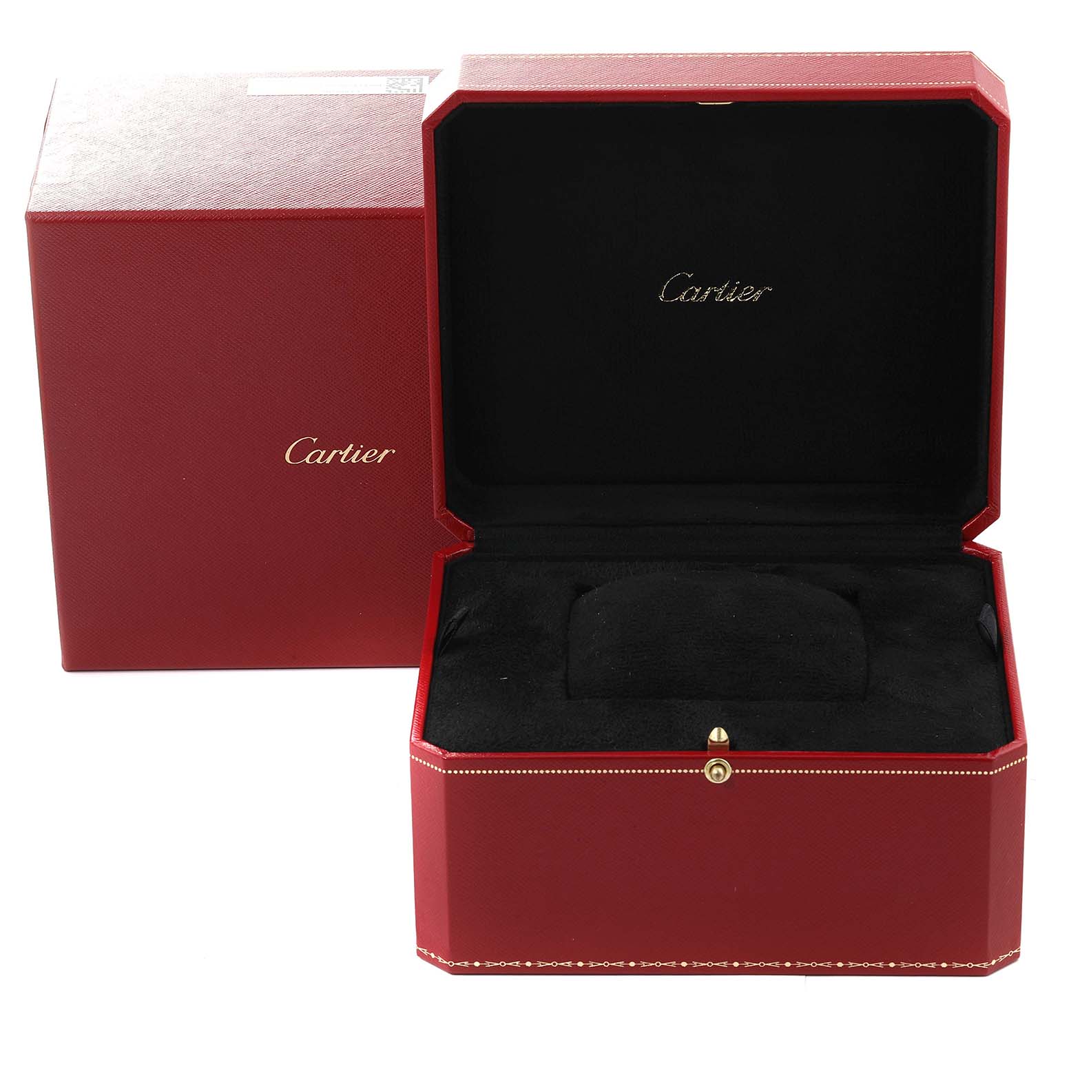 A Cartier Tank Americaine W2603156 Men's Yellow Gold Silver Dial W2603156 Men's Yellow Gold Silver Dial watch box is shown open with a black cushion inside and an outer red carton box beside it.