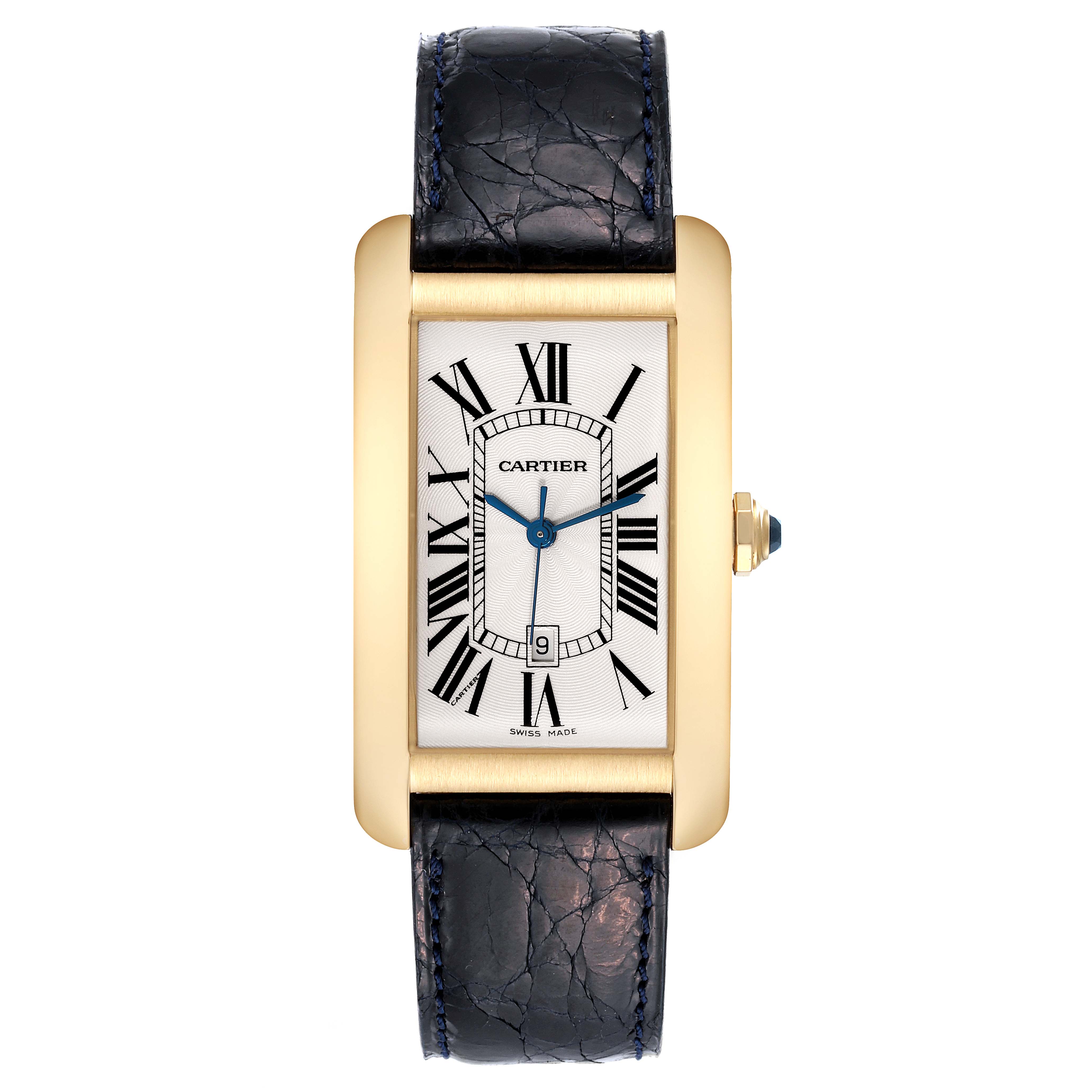 The image shows a front view of the Cartier Tank Americaine W2603156 Men's Yellow Gold Silver Dial W2603156 Men's Yellow Gold Silver Dial watch, displaying its face, strap, and crown.