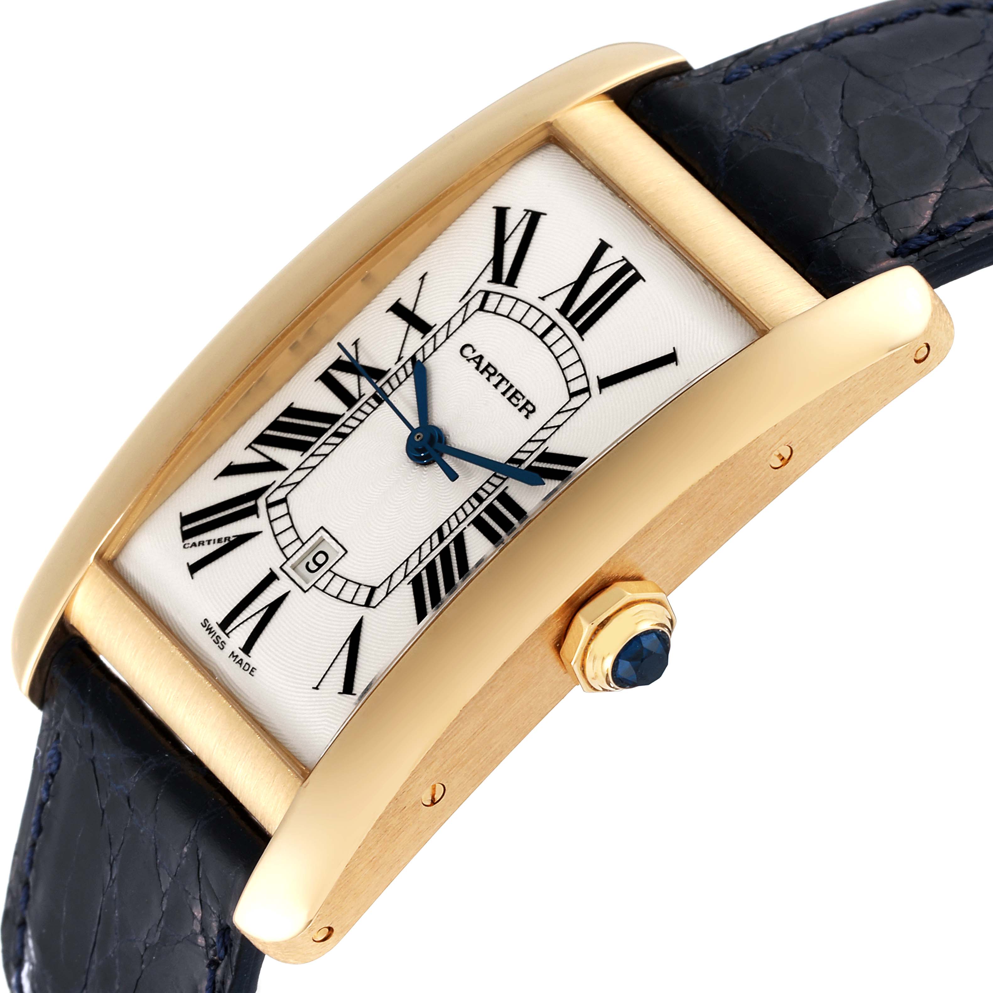The image shows a close-up angle of the Cartier Tank Americaine W2603156 Men's Yellow Gold Silver Dial W2603156 Men's Yellow Gold Silver Dial watch, highlighting the face, crown, and part of the strap.