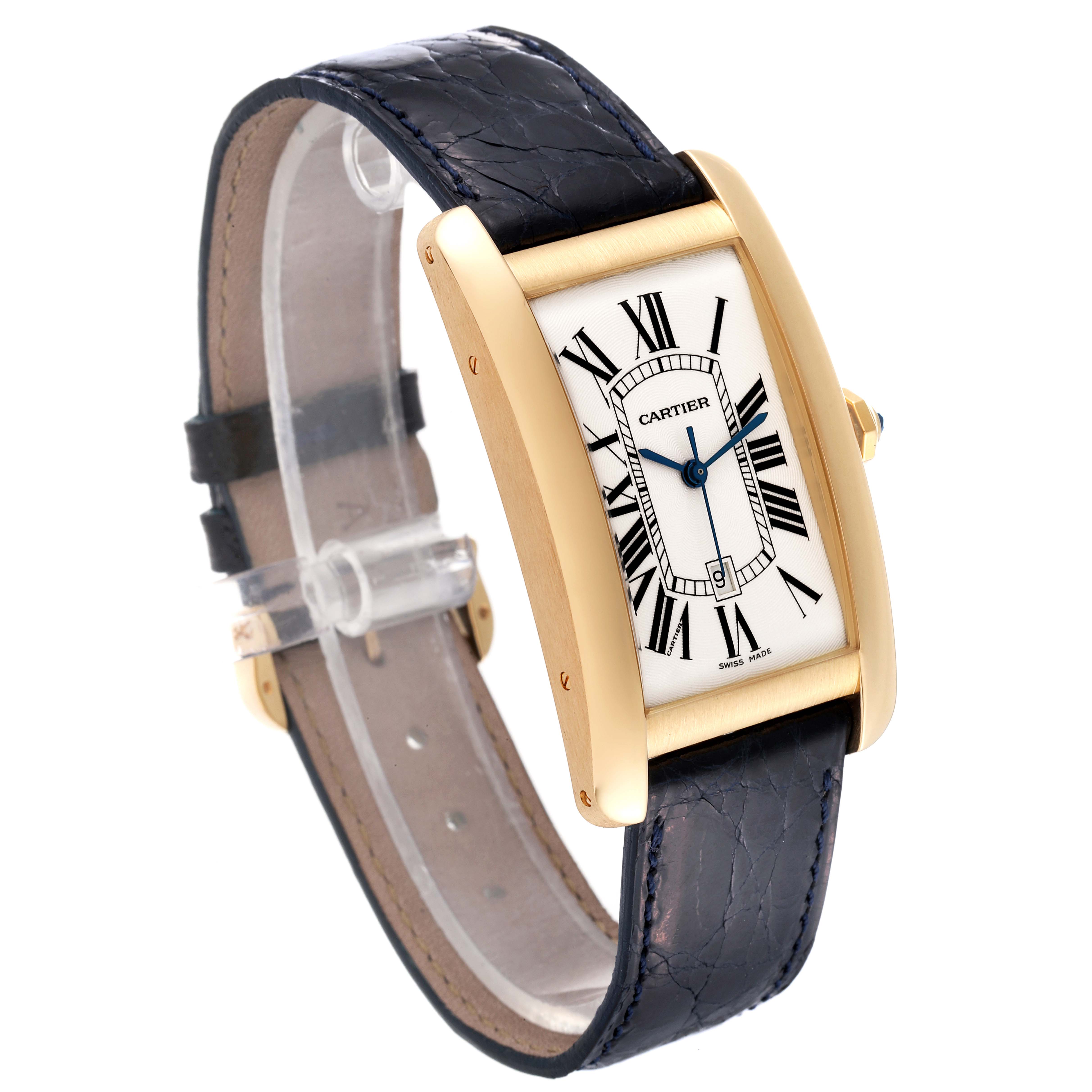 This image shows a 3/4 view of the Cartier Tank Américaine watch, highlighting its curved rectangular case, Roman numeral dial, and black leather strap.