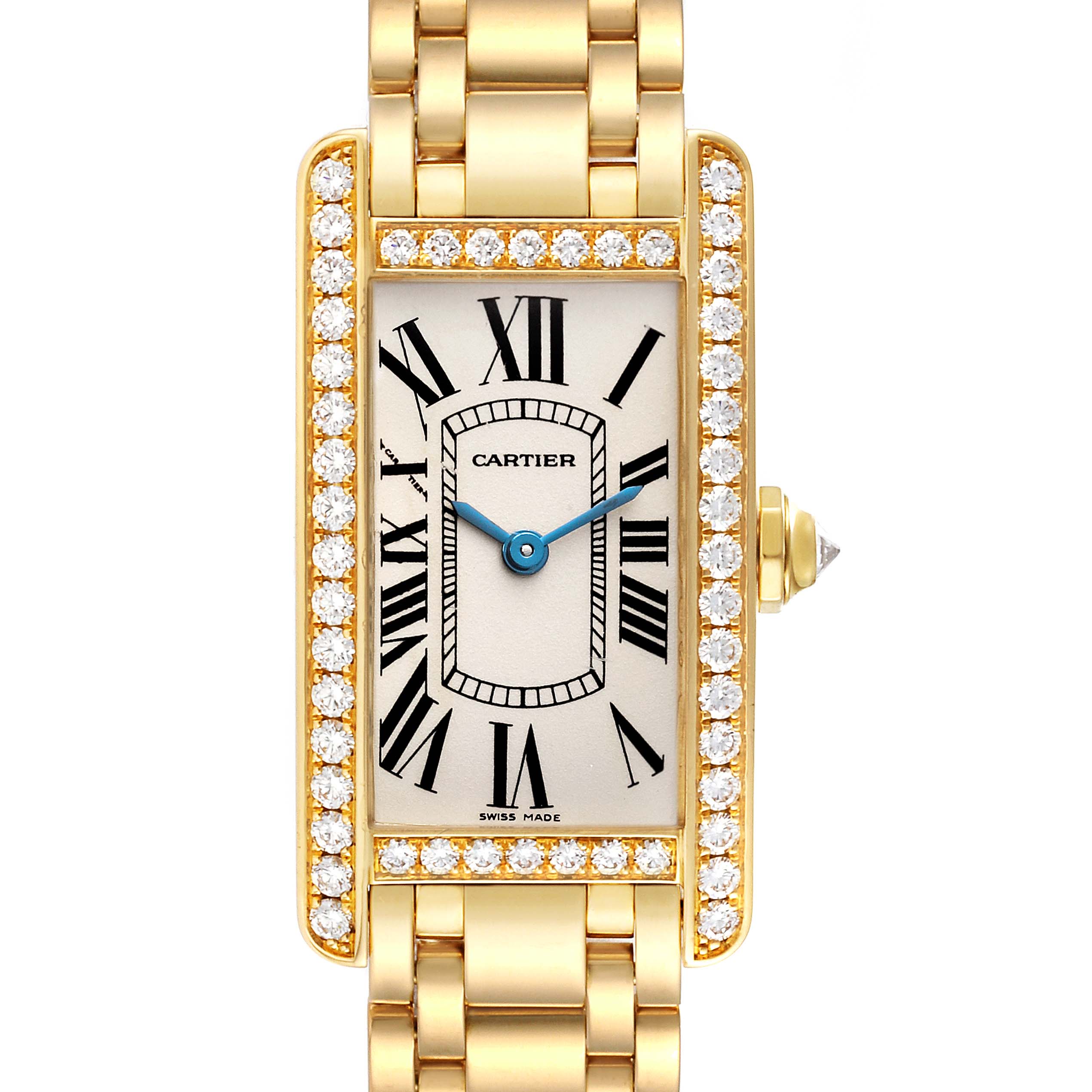The image shows a front view of a Cartier Tank Américaine watch, highlighting the rectangular face, Roman numerals, and diamond-set bezel.