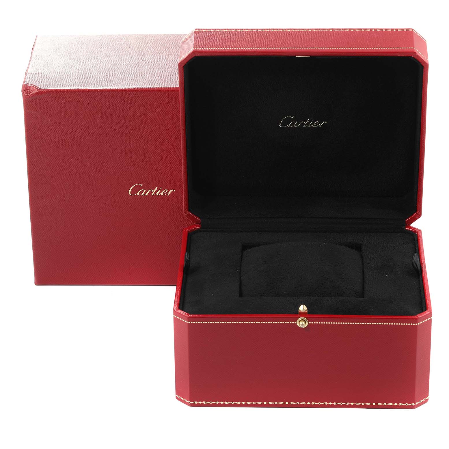 The image shows the packaging for the Cartier Tank Américaine watch, including an open red box and an outer case.