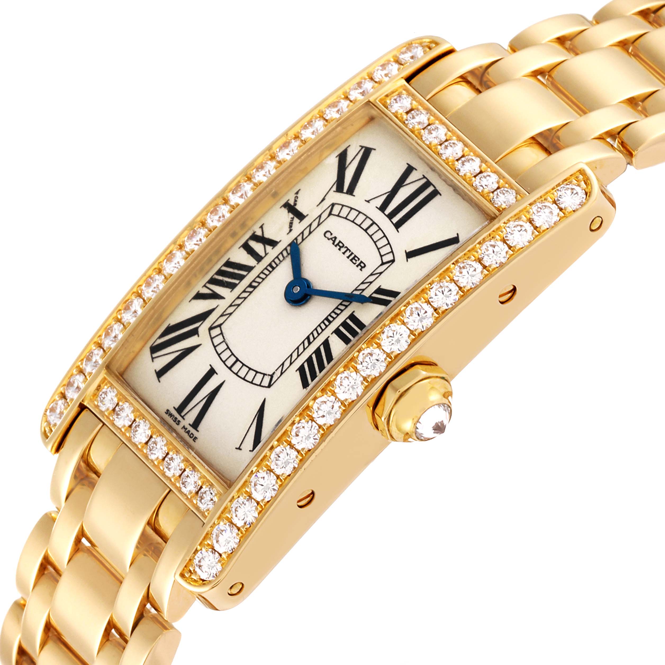 The image shows a close-up angle of a Cartier Tank Americaine WB7072K2 Women's Yellow Gold Silver Dial WB7072K2 Women's Yellow Gold Silver Dial watch, highlighting the diamond-set bezel and Roman numeral dial.