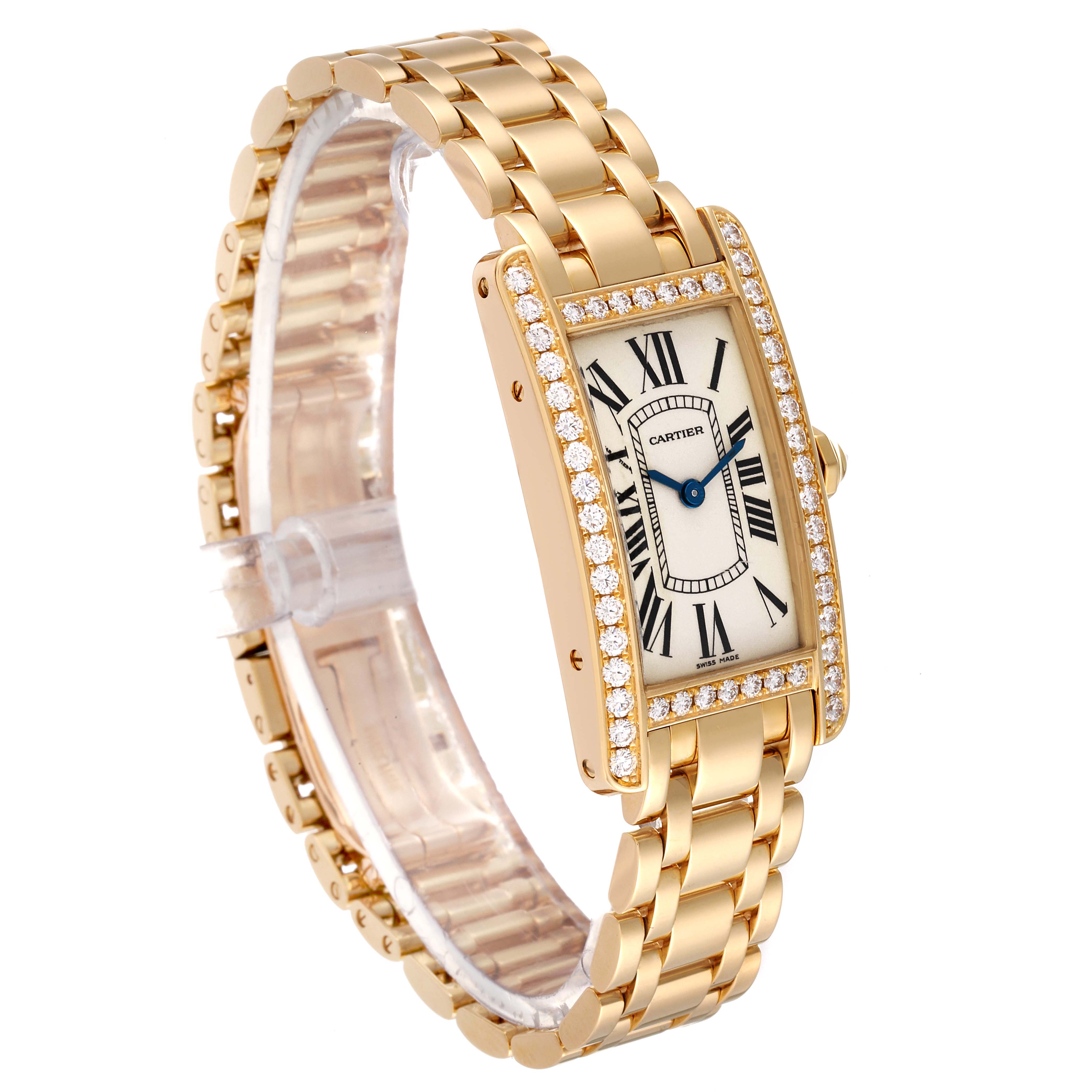 The image shows a side-angle view of the Cartier Tank Americaine WB7072K2 Women's Yellow Gold Silver Dial WB7072K2 Women's Yellow Gold Silver Dial watch, highlighting its gold bracelet and diamond-encrusted rectangular case.
