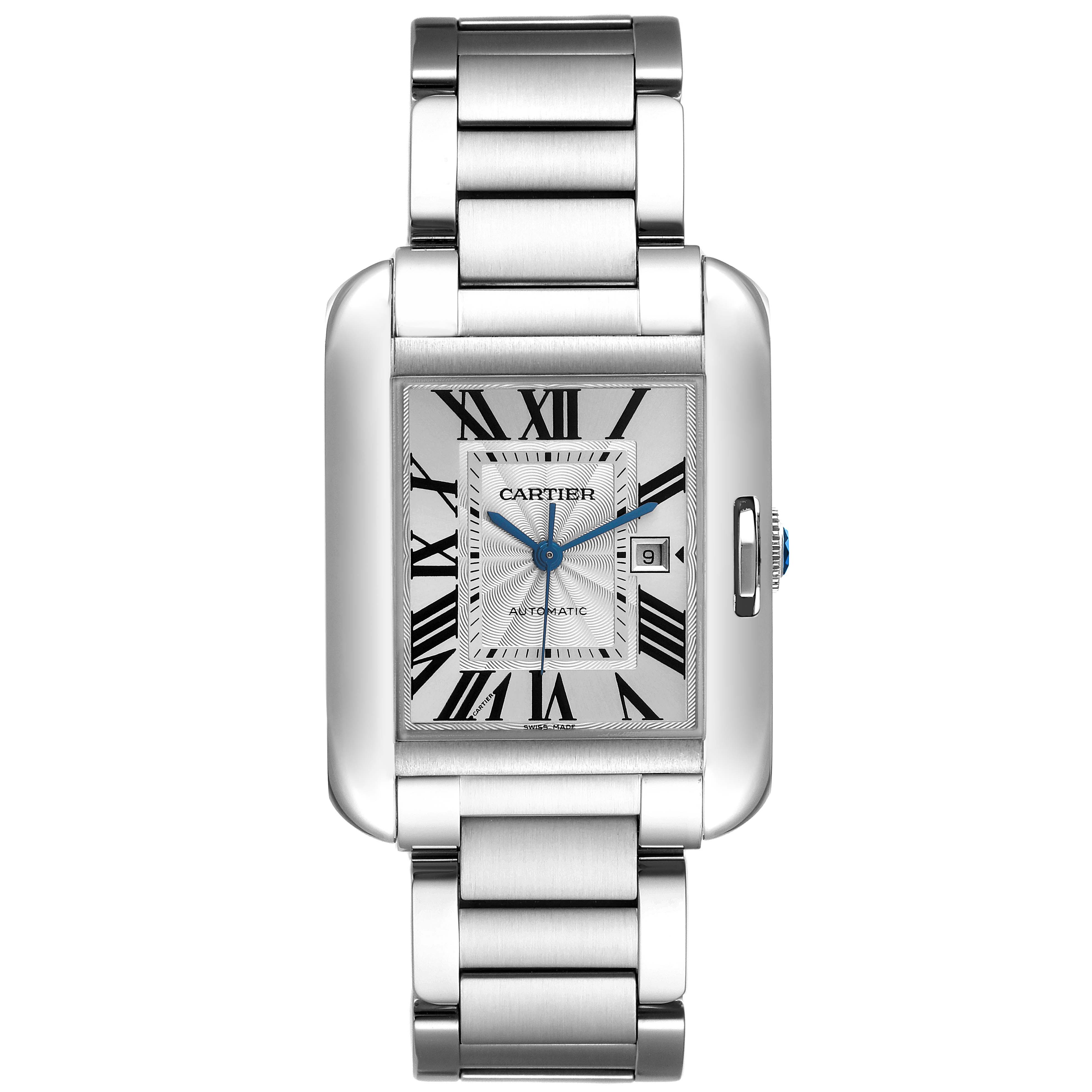 The Cartier Tank Anglaise W5310009 Men's Stainless Steel Silver Dial W5310009 Men's Stainless Steel Silver Dial watch is shown from a front angle, highlighting its face, bracelet, and crown.