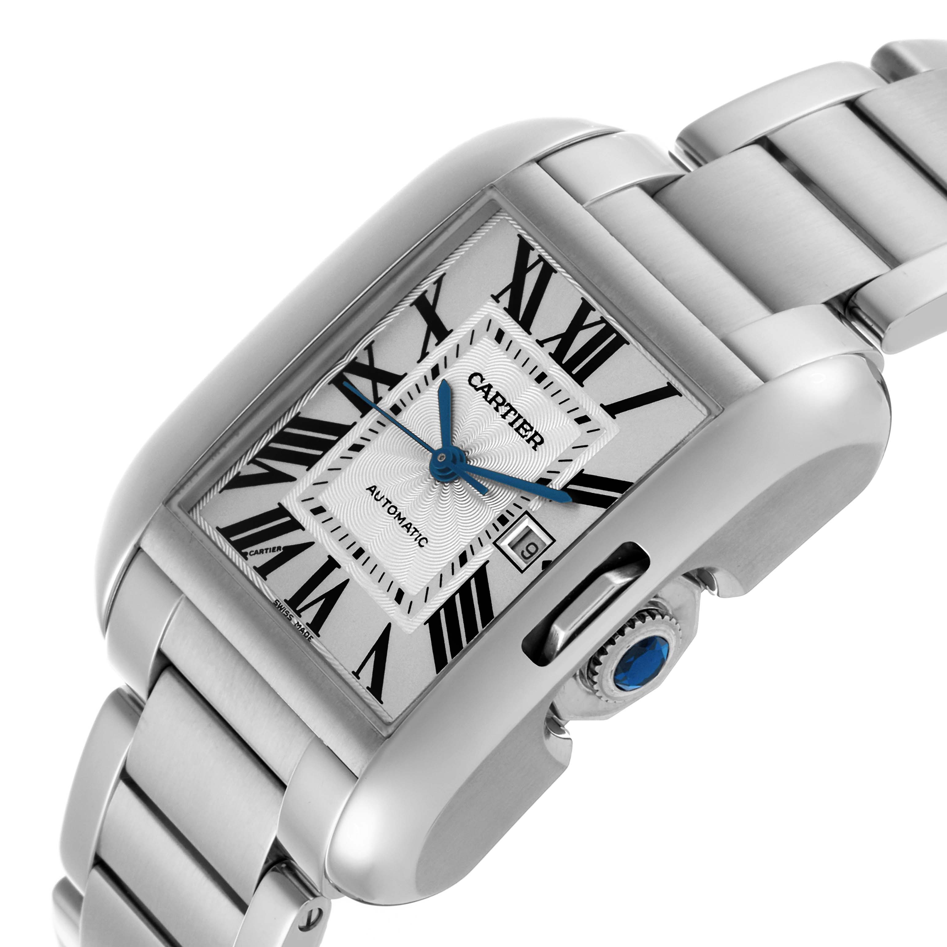 The Cartier Tank Anglaise W5310009 Men's Stainless Steel Silver Dial W5310009 Men's Stainless Steel Silver Dial watch is shown at an angled view, displaying the face, Roman numerals, hands, date window, and crown.