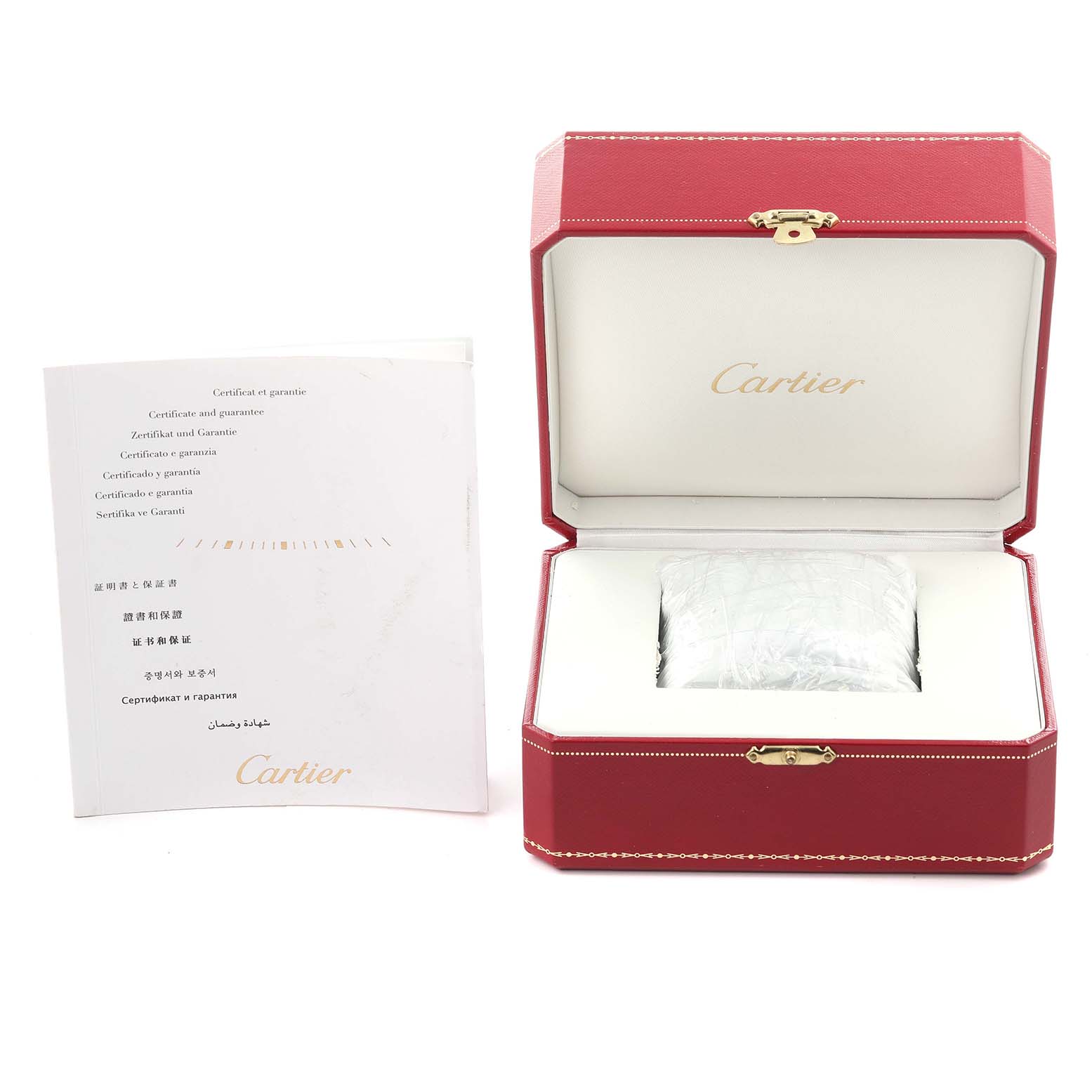 The image shows the Cartier Tank Anglaise W5310009 Men's Stainless Steel Silver Dial W5310009 Men's Stainless Steel Silver Dial watch packaging, including a red box and certificate, but not the watch itself.