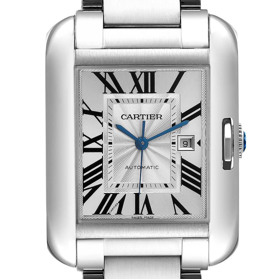 The Cartier Tank Anglaise watch is shown from a front angle, highlighting the dial, date, and Roman numerals.