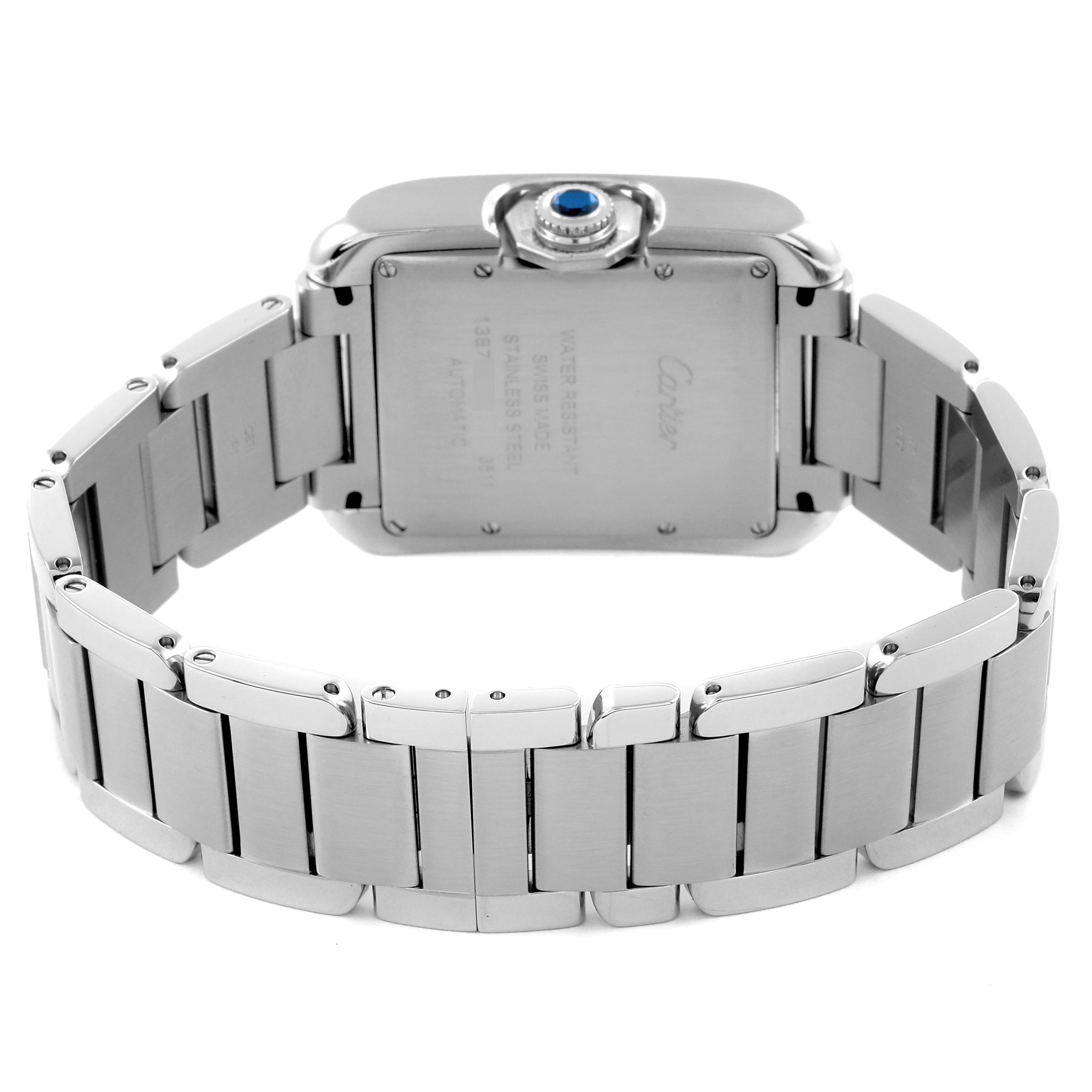 The image shows the back and bracelet of the Cartier Tank Anglaise W5310009 Men's Stainless Steel Silver Dial W5310009 Men's Stainless Steel Silver Dial watch, highlighting the case back and metal links.